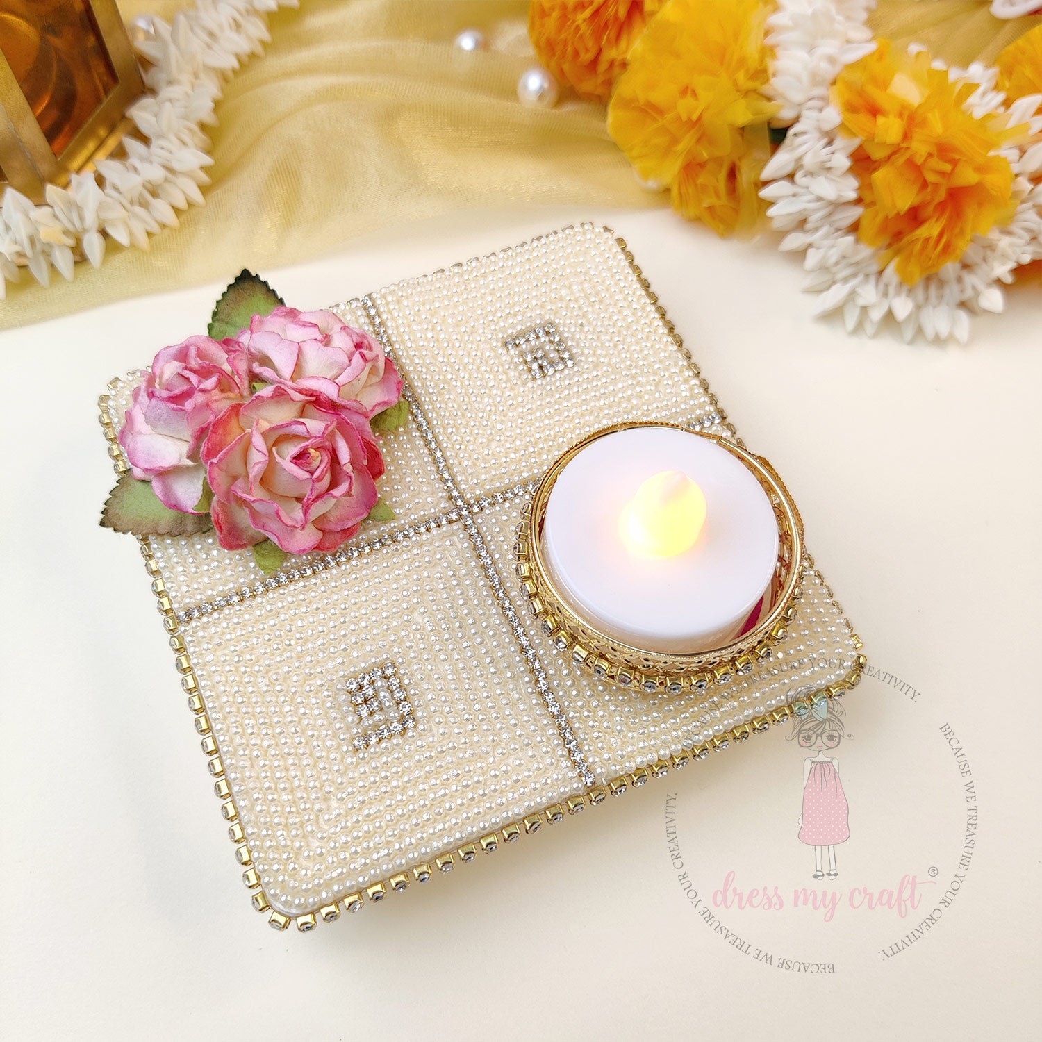 Elegant Pearl & Floral Tea Light Holder