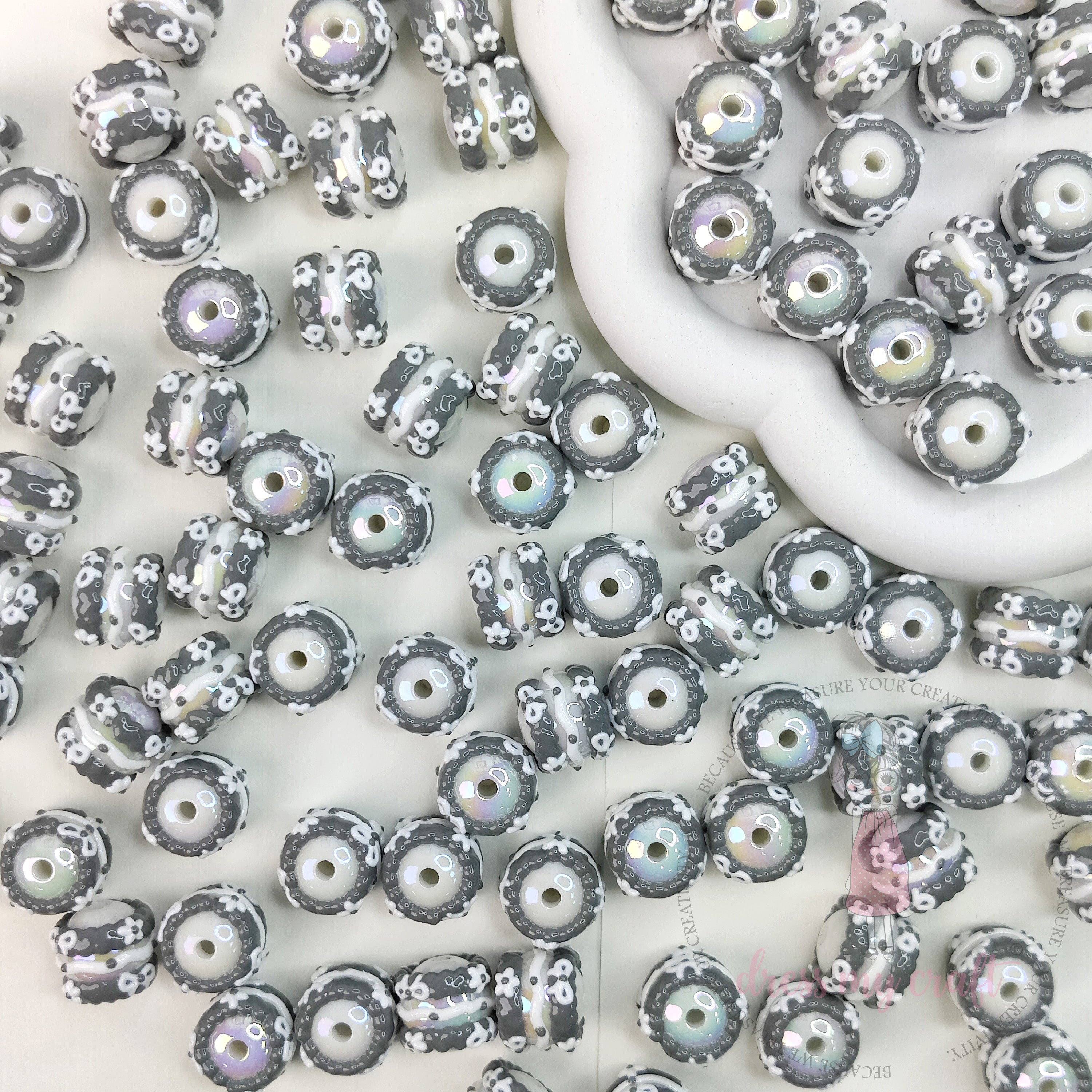 Hand Painted Beads Greyish - 6 Pcs