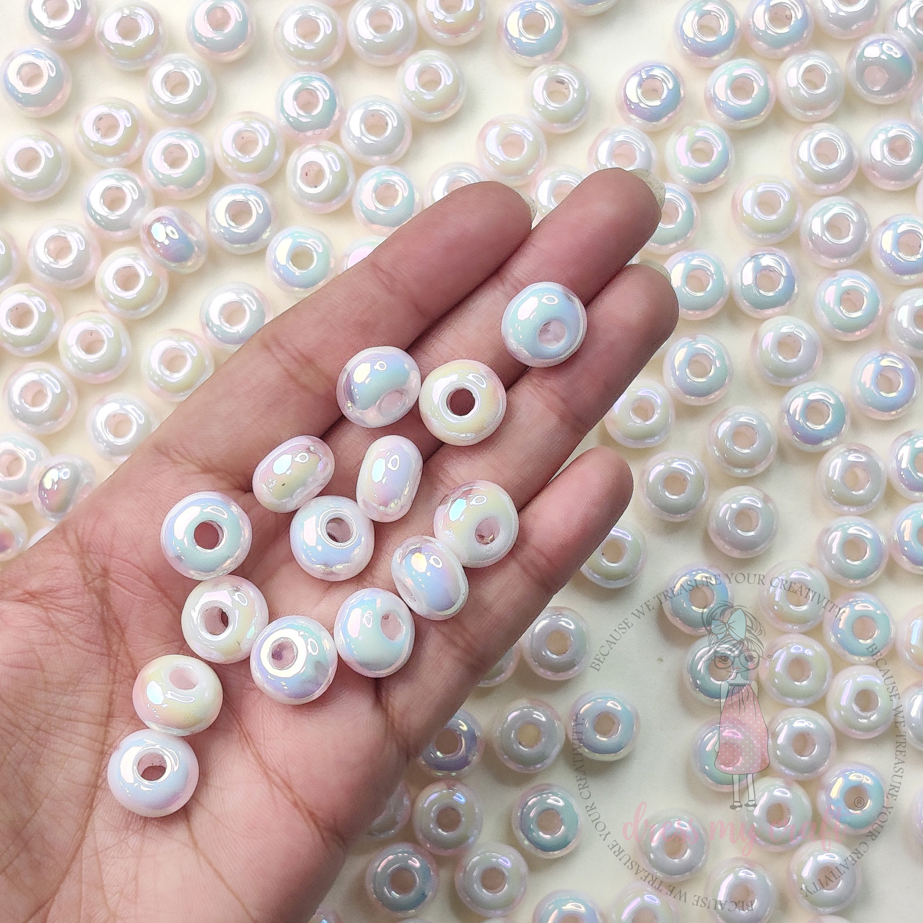 Pastel Holographic White Donut Beads - 15 Pcs
