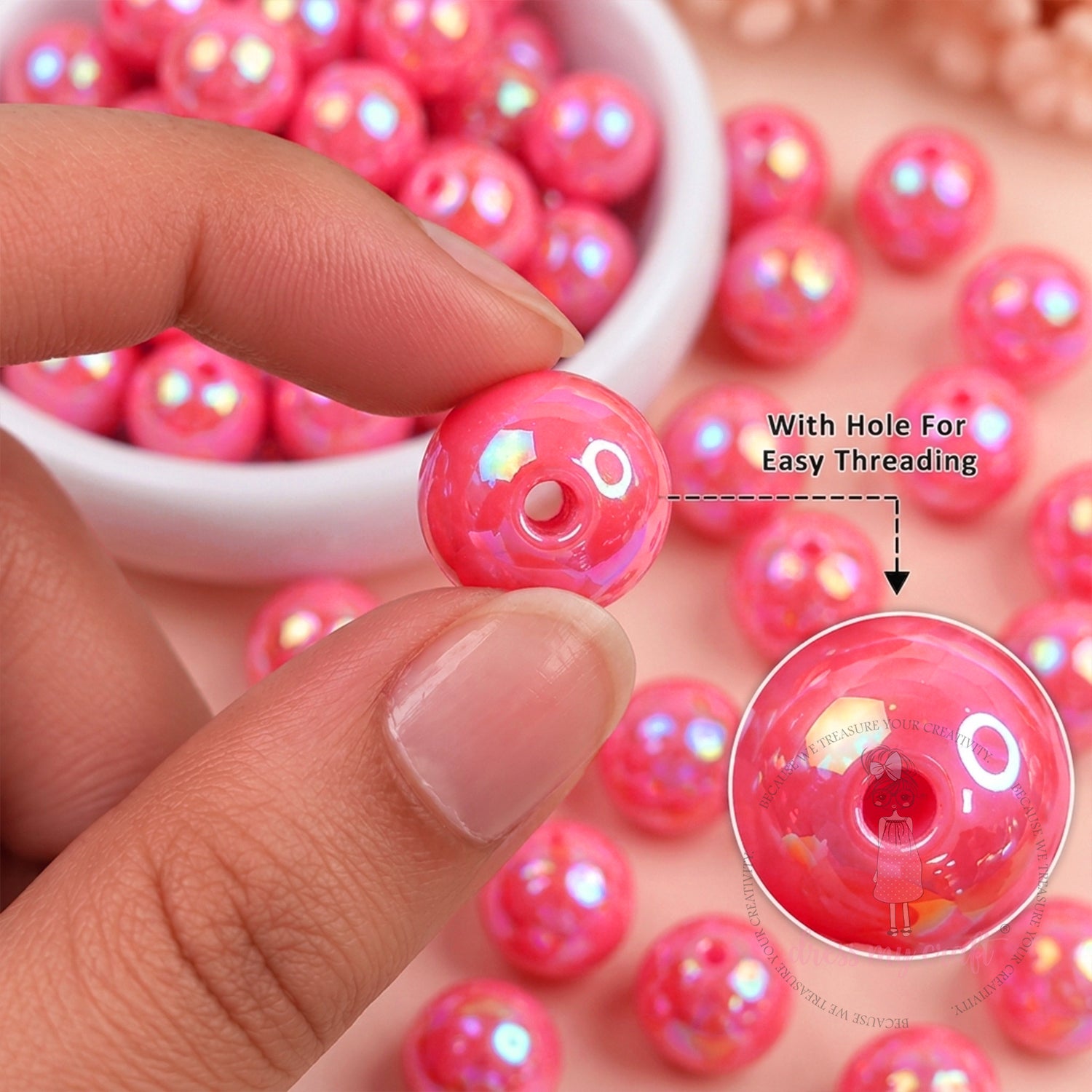 Holographic Premium Acrylic Beads - Iridescent Coral Pink, 20 Pcs