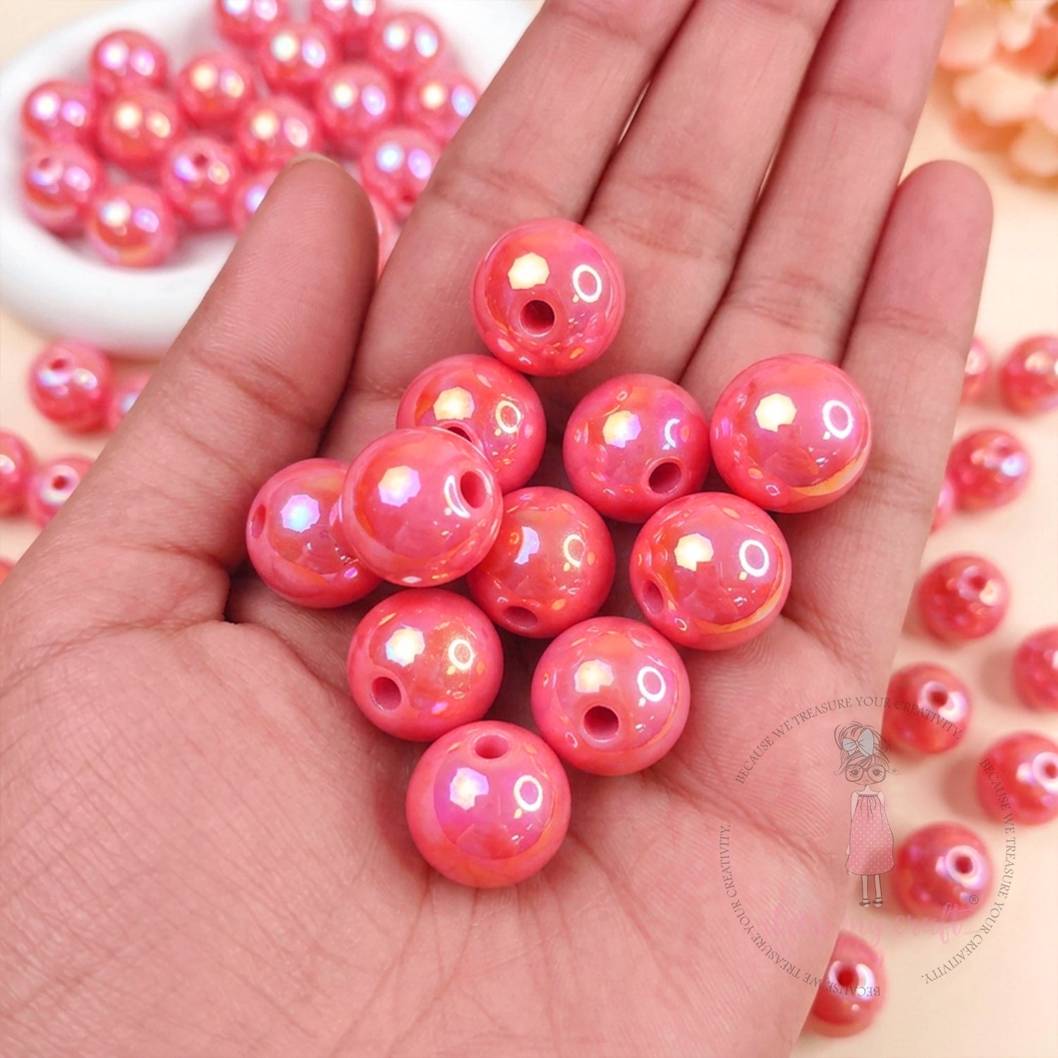 Holographic Premium Acrylic Beads - Iridescent Coral Pink, 20 Pcs
