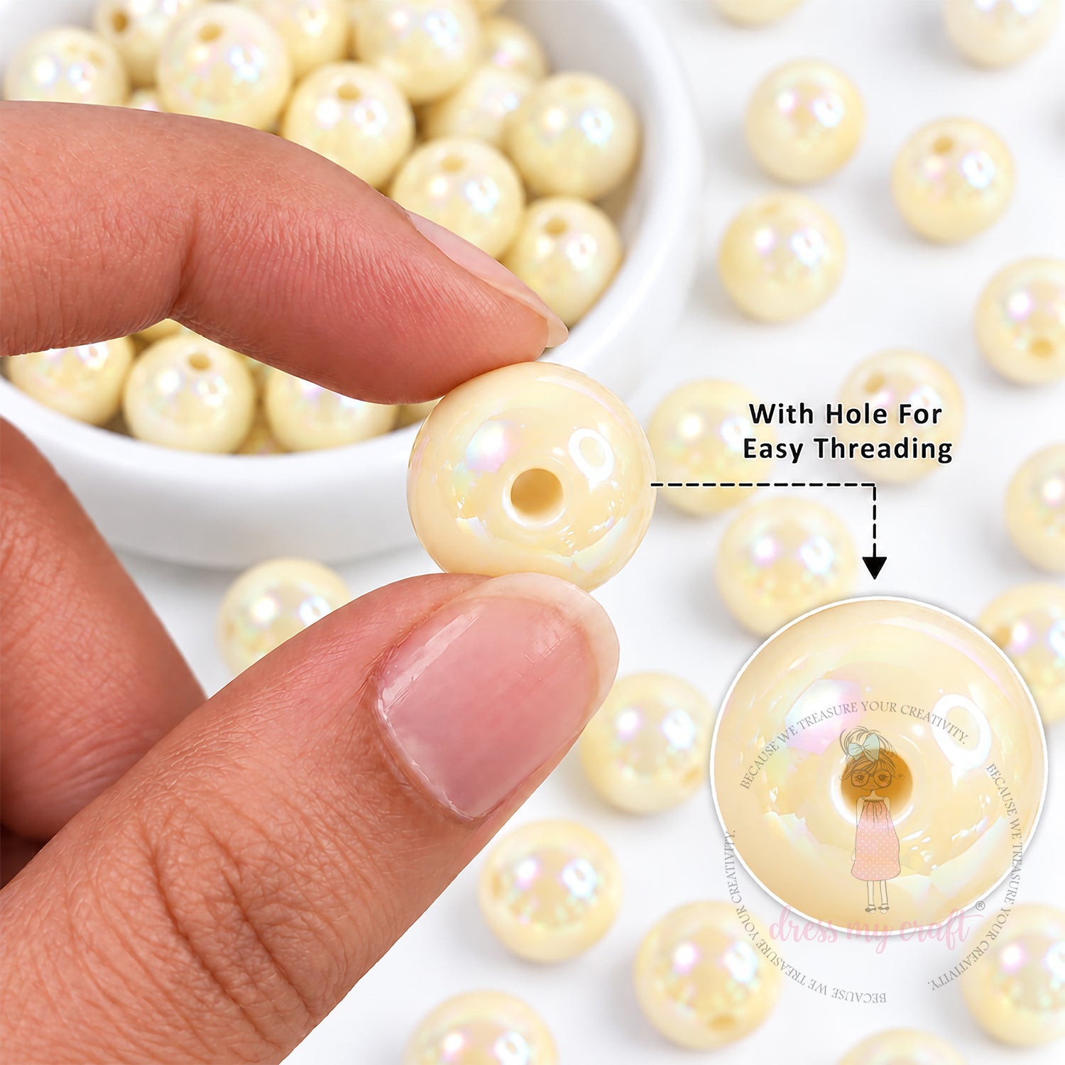 Holographic Premium Acrylic Beads - Beige, 20 Pcs
