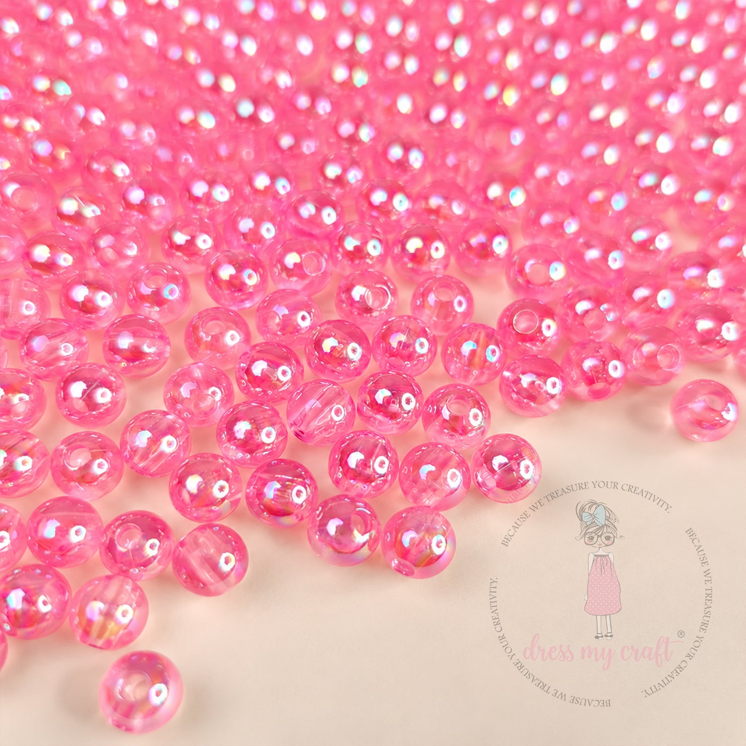 Transparent Rainbow Beads Pink - 6 MM, 50 Gms