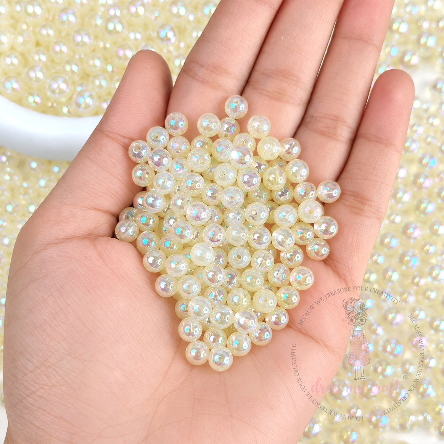 Transparent Rainbow Beads Cream Pearl - 6 MM, 50 Gms