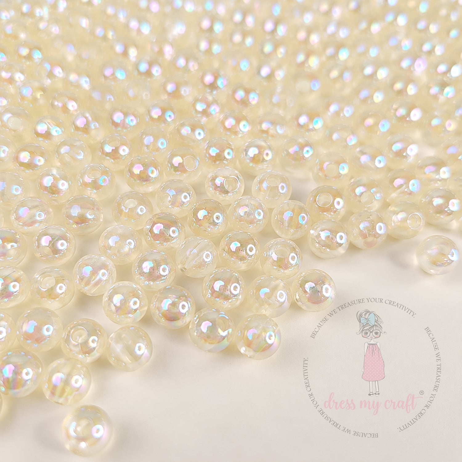 Transparent Rainbow Beads Cream Pearl - 6 MM, 50 Gms