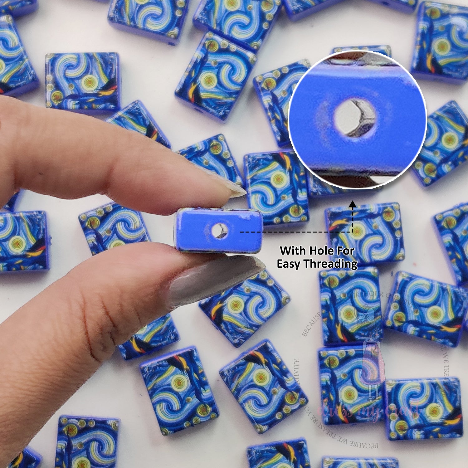 Painting On Tiles Beads Blue - 6 Pcs