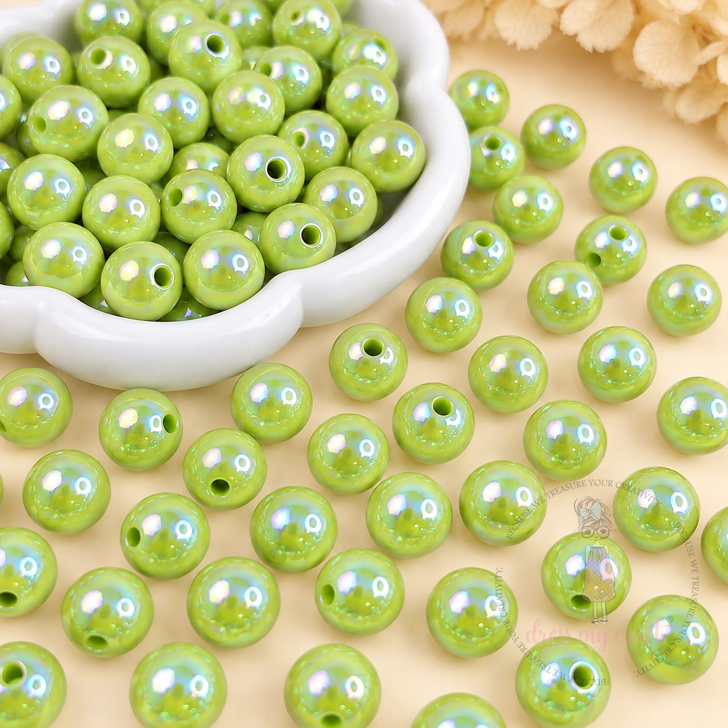 Holographic Premium Acrylic Beads - Lime Green, 20 Pcs