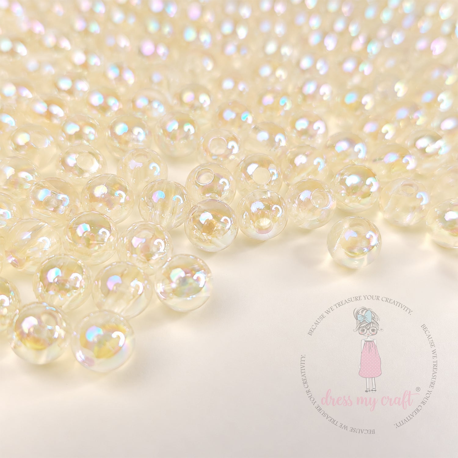 Transparent Rainbow Beads Cream Pearl - 6 MM, 50 Gms