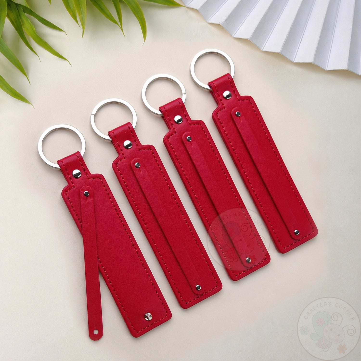 Leather Strap Key-chain - Red, 4 Pcs