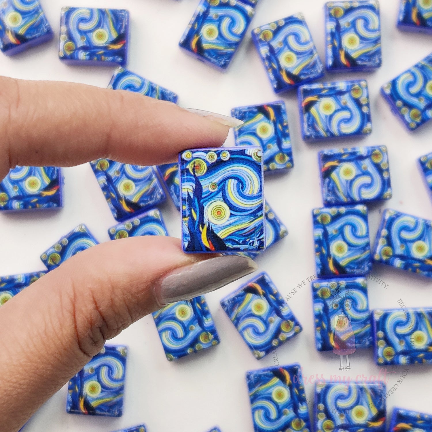 Painting On Tiles Beads Blue - 6 Pcs