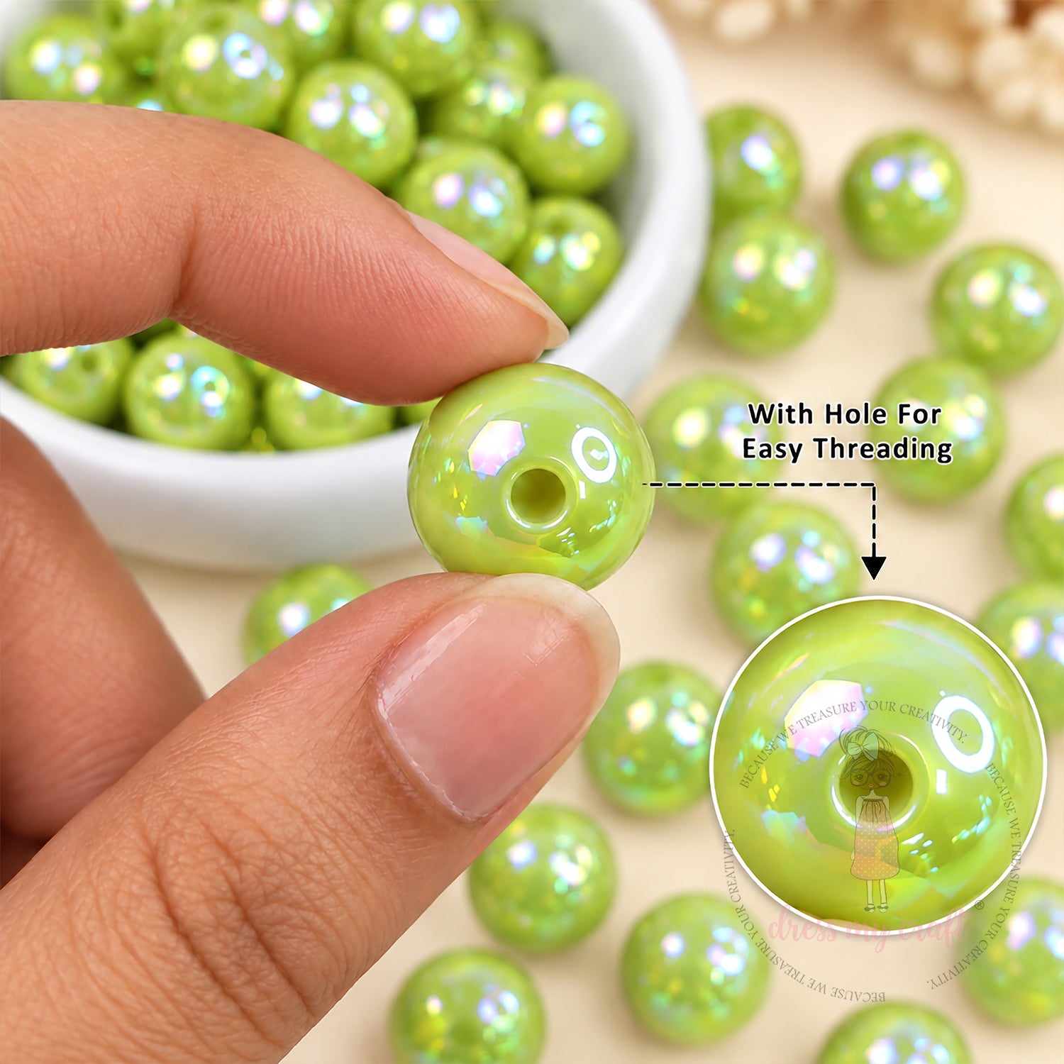 Holographic Premium Acrylic Beads - Lime Green, 20 Pcs