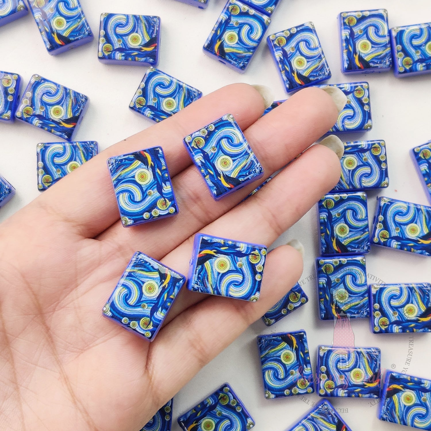 Painting On Tiles Beads Blue - 6 Pcs