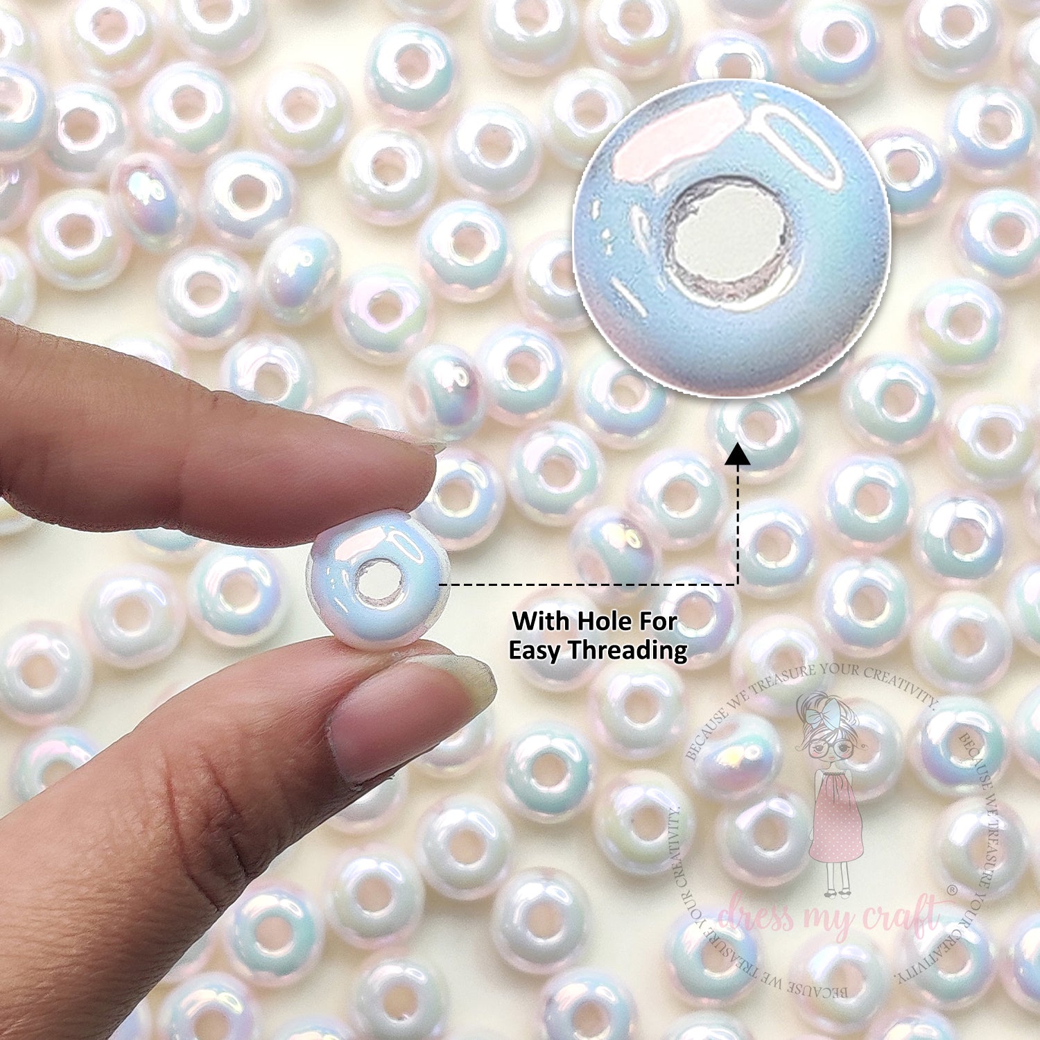 Pastel Holographic White Donut Beads - 15 Pcs