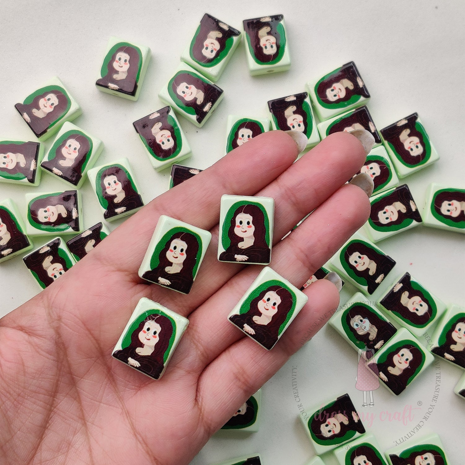 Painting On Tiles Beads Light Green - 6 Pcs