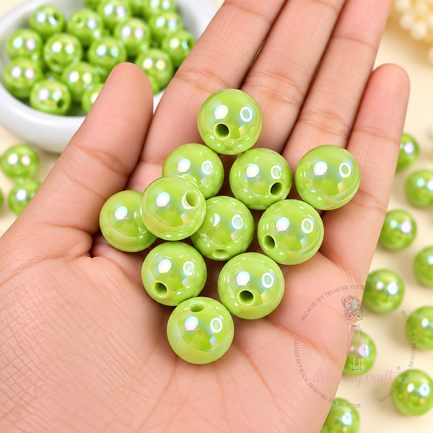 Holographic Premium Acrylic Beads - Lime Green, 20 Pcs