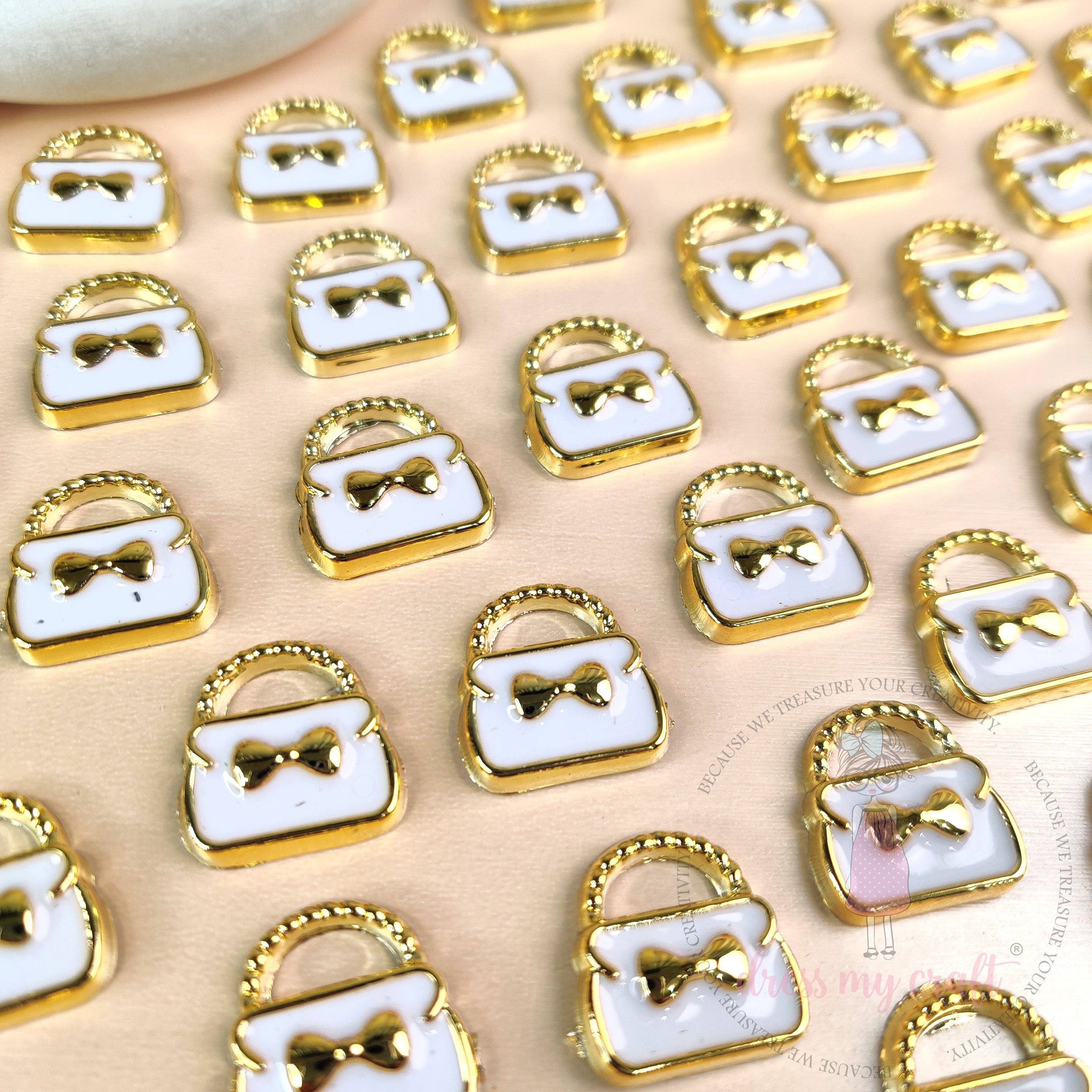Bow Handbag Flat Back Charms – White & Gold