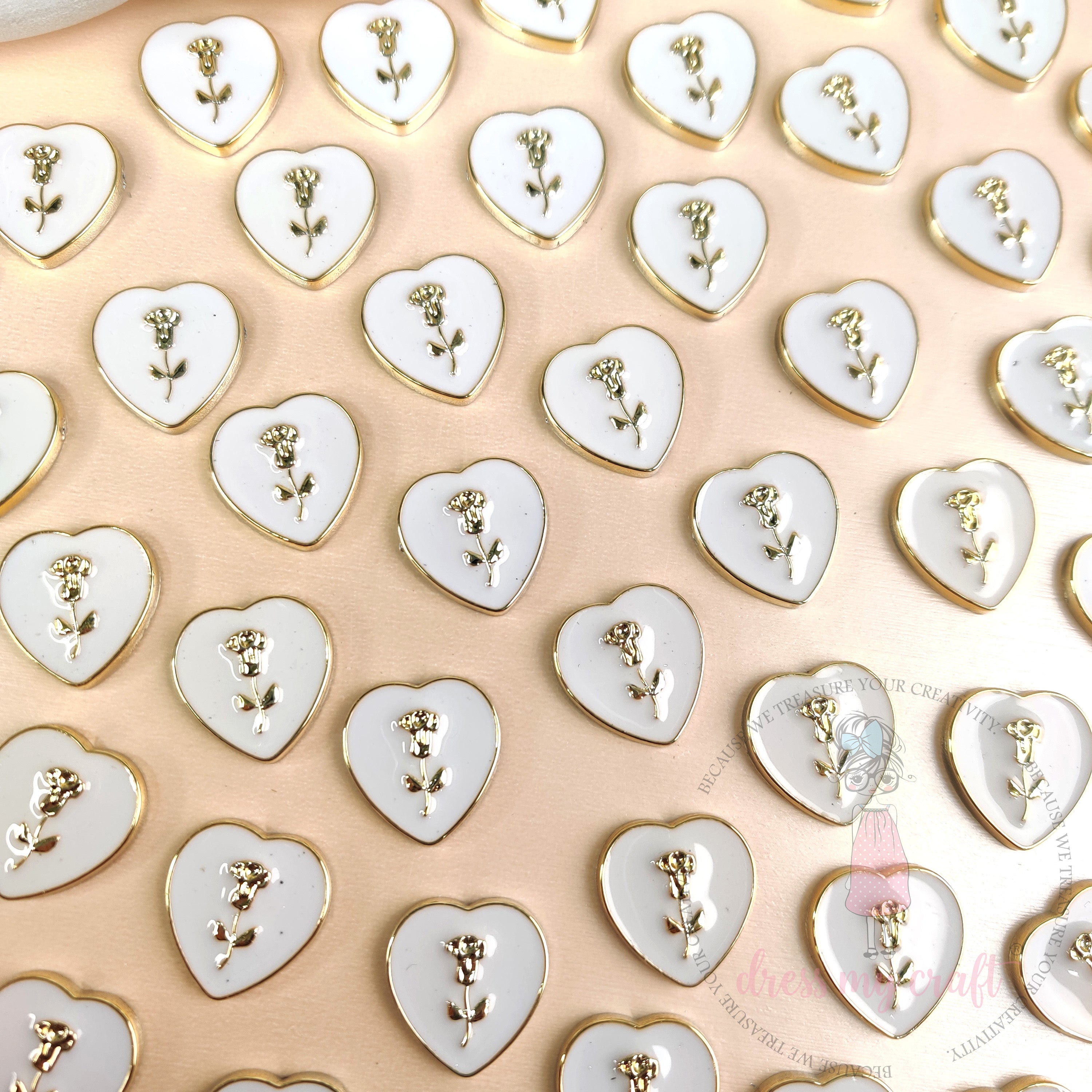 Rose Heart Flat Back Charms – White & Gold