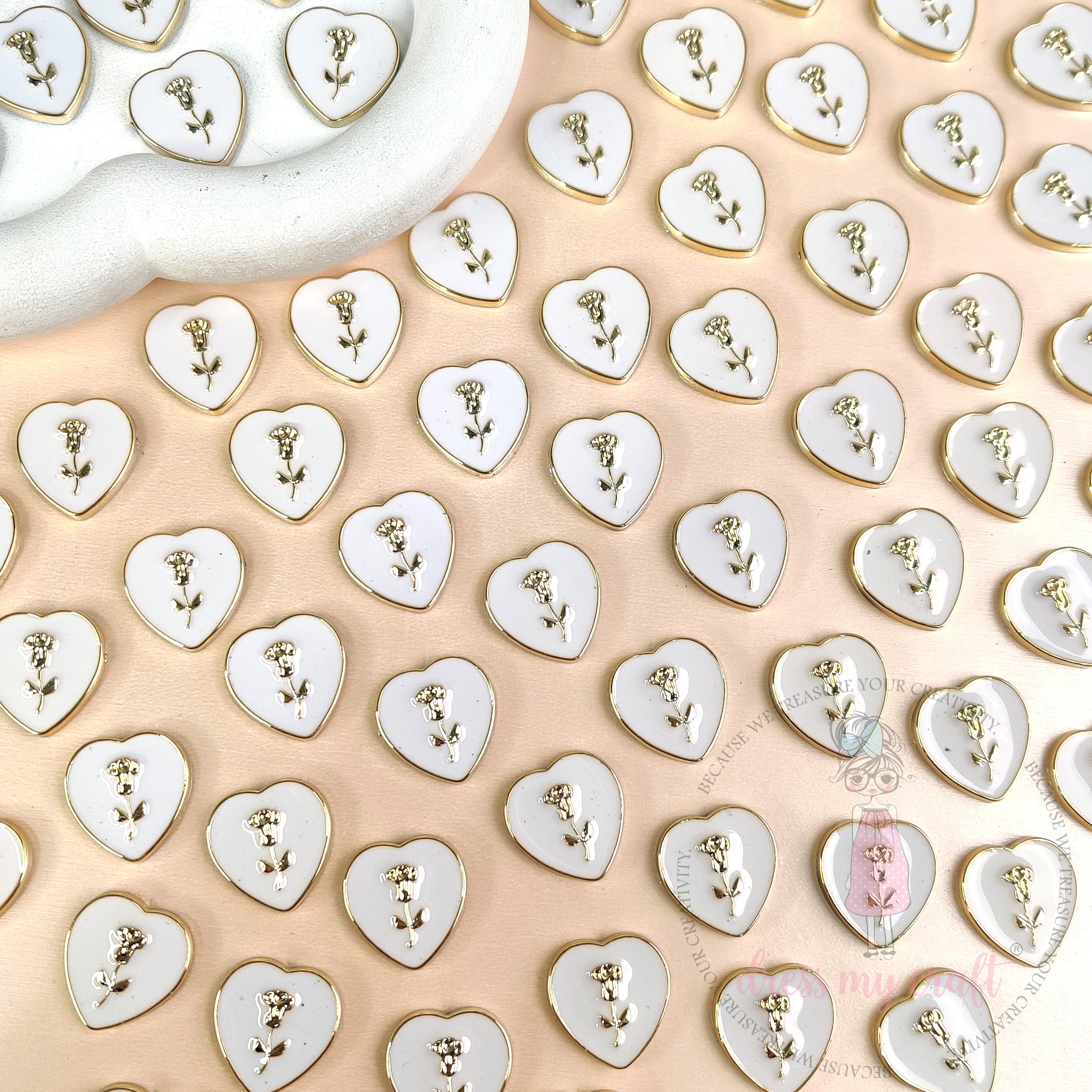 Rose Heart Flat Back Charms – White & Gold