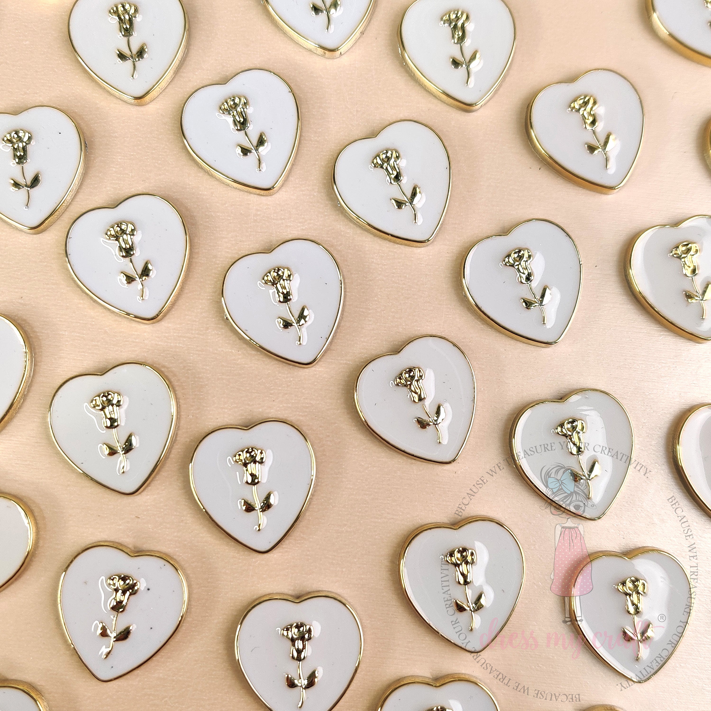 Rose Heart Flat Back Charms – White & Gold