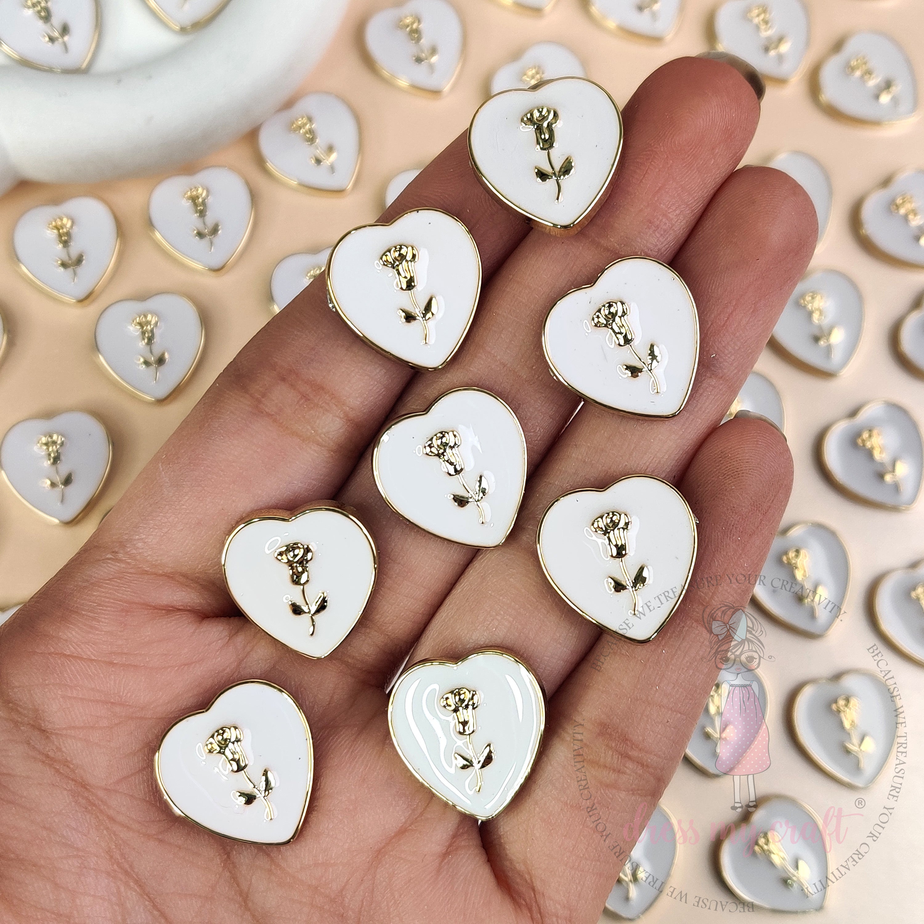 Rose Heart Flat Back Charms – White & Gold