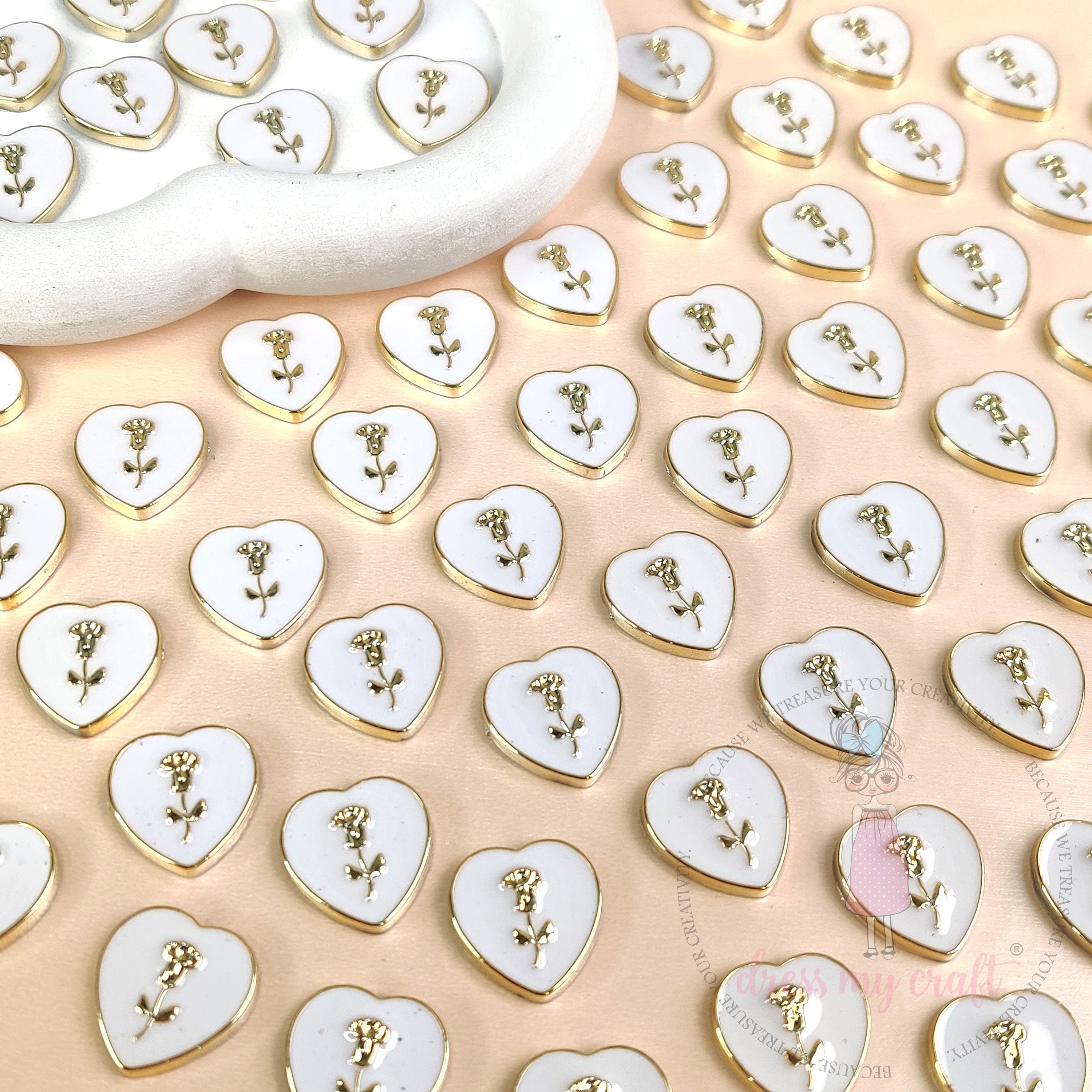Rose Heart Flat Back Charms – White & Gold