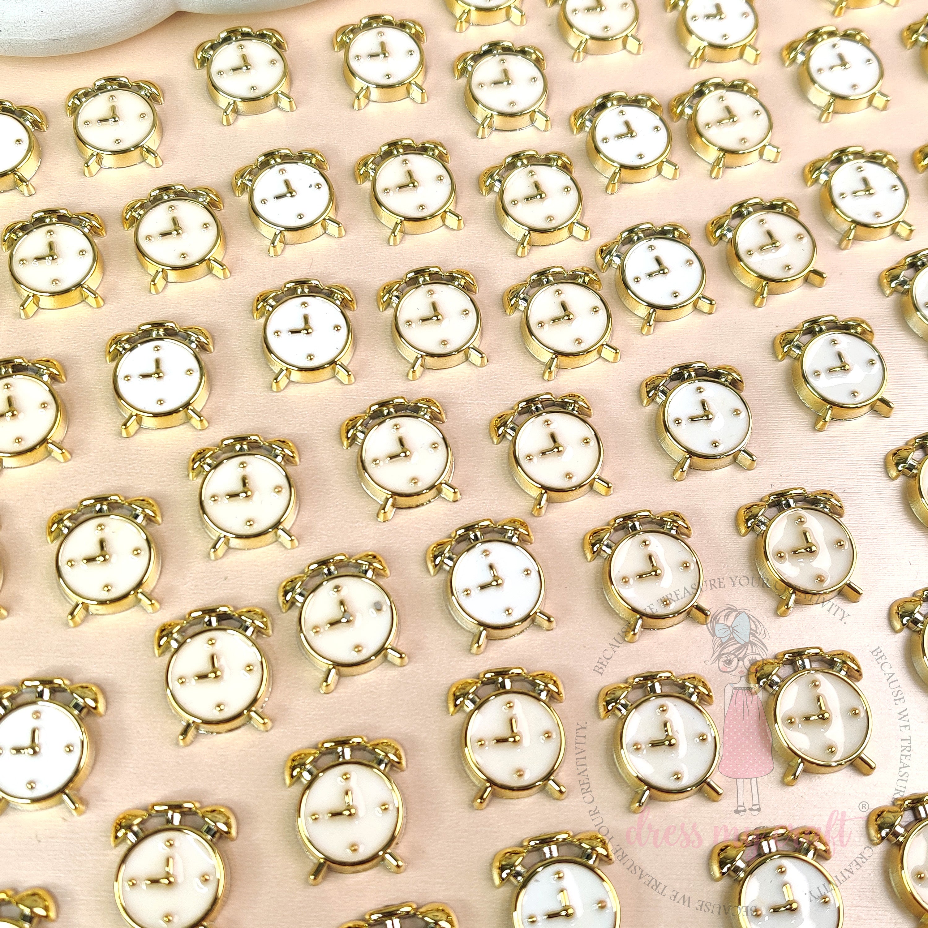 Vintage Alarm Clock Flat Back Charms – White & Gold