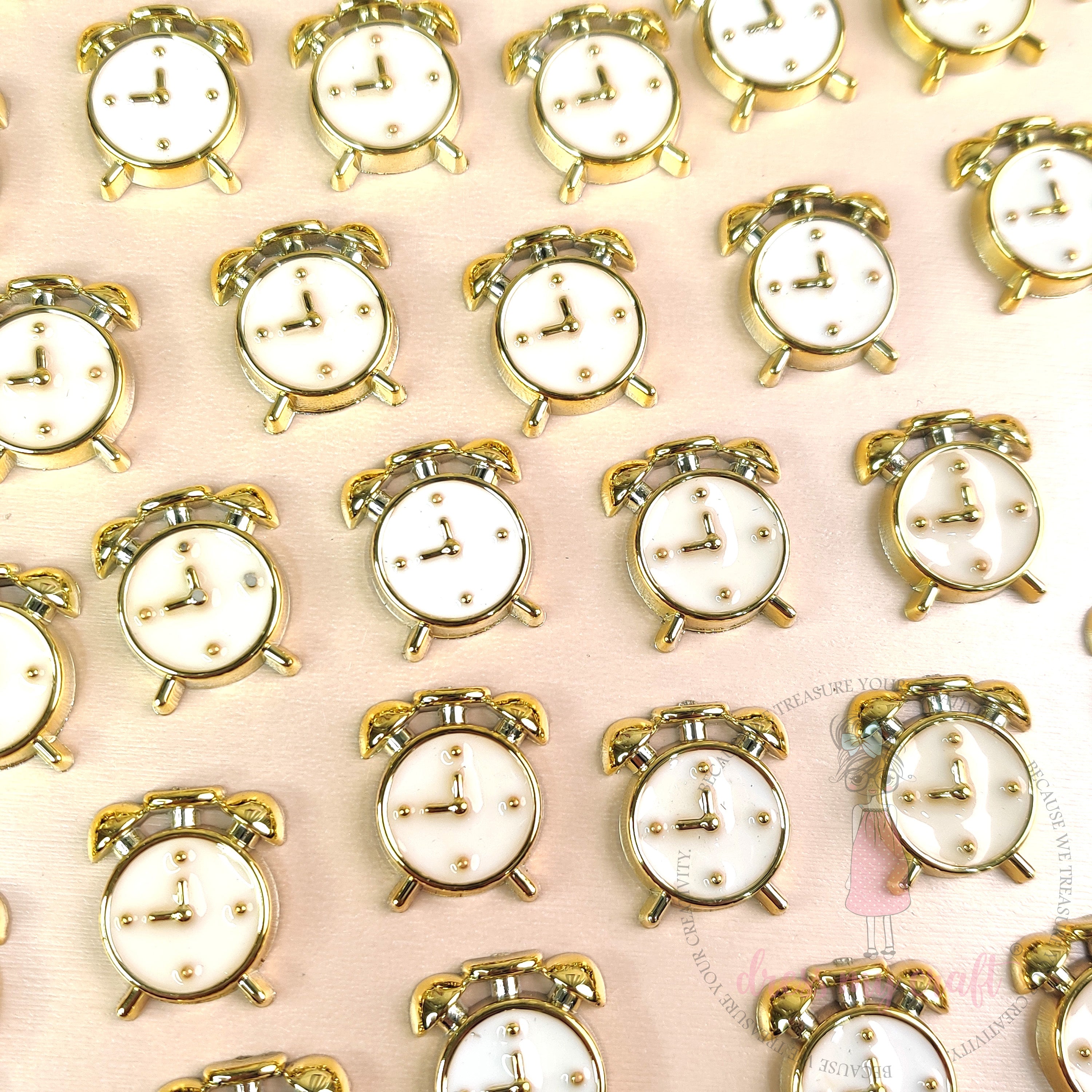 Vintage Alarm Clock Flat Back Charms – White & Gold