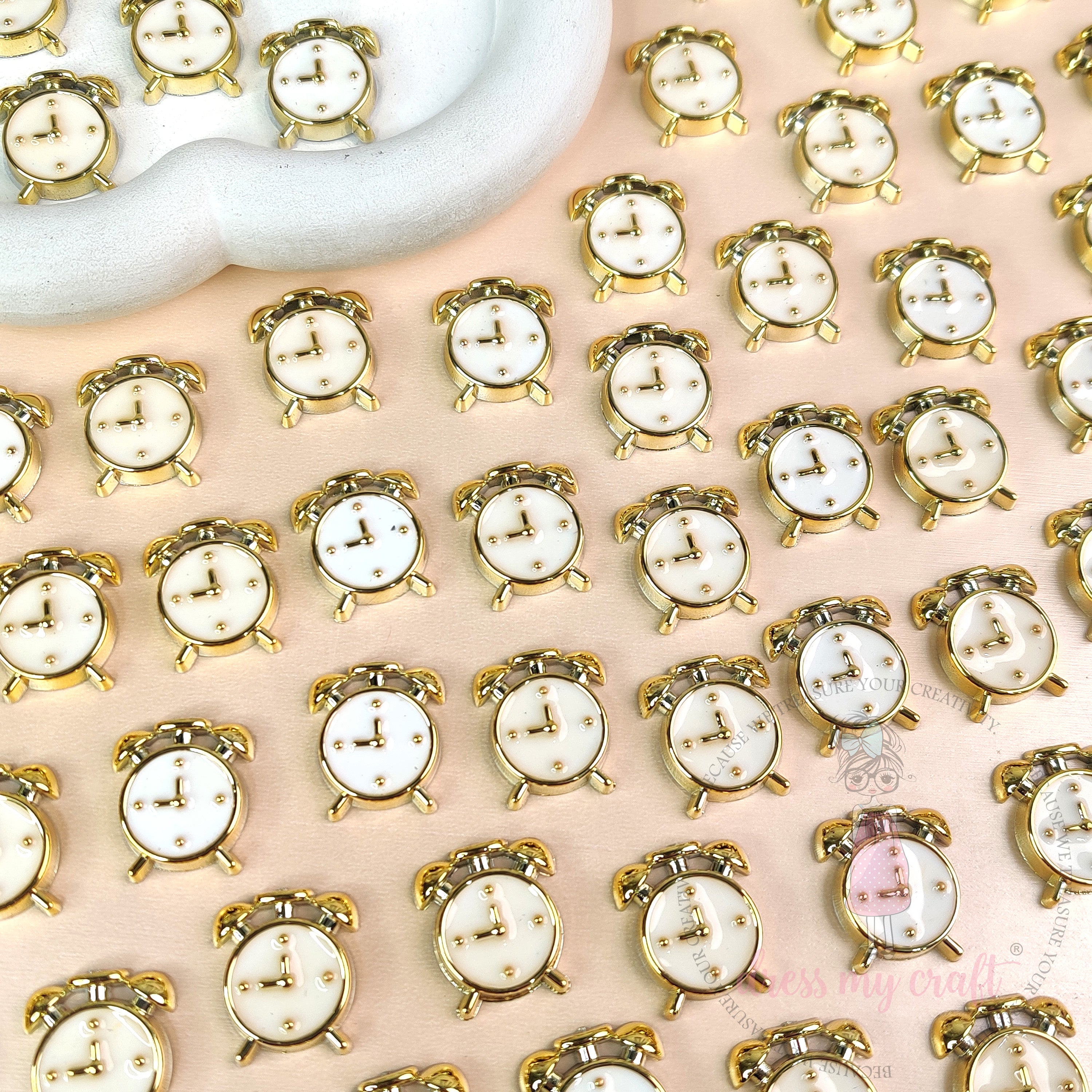 Vintage Alarm Clock Flat Back Charms – White & Gold