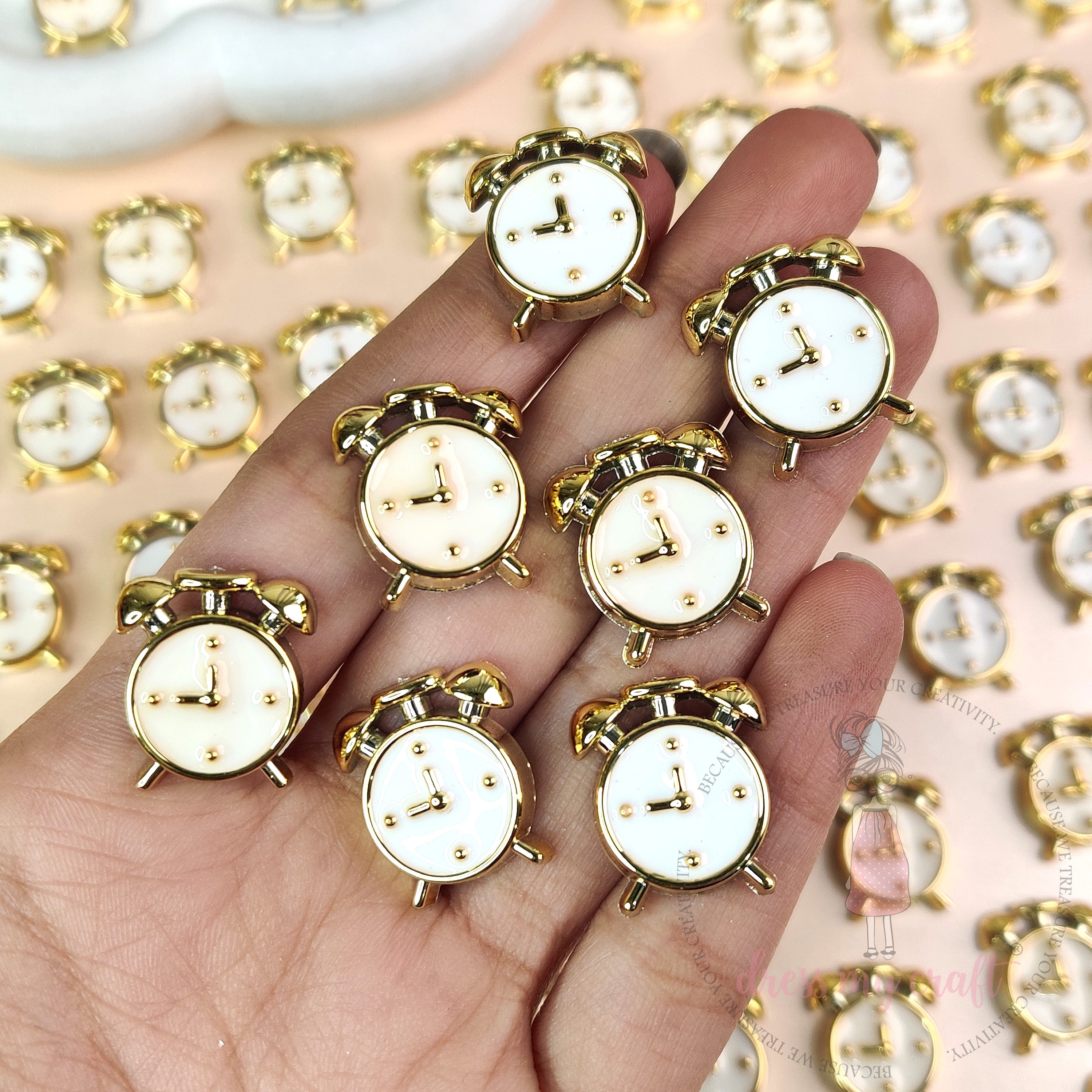 Vintage Alarm Clock Flat Back Charms – White & Gold