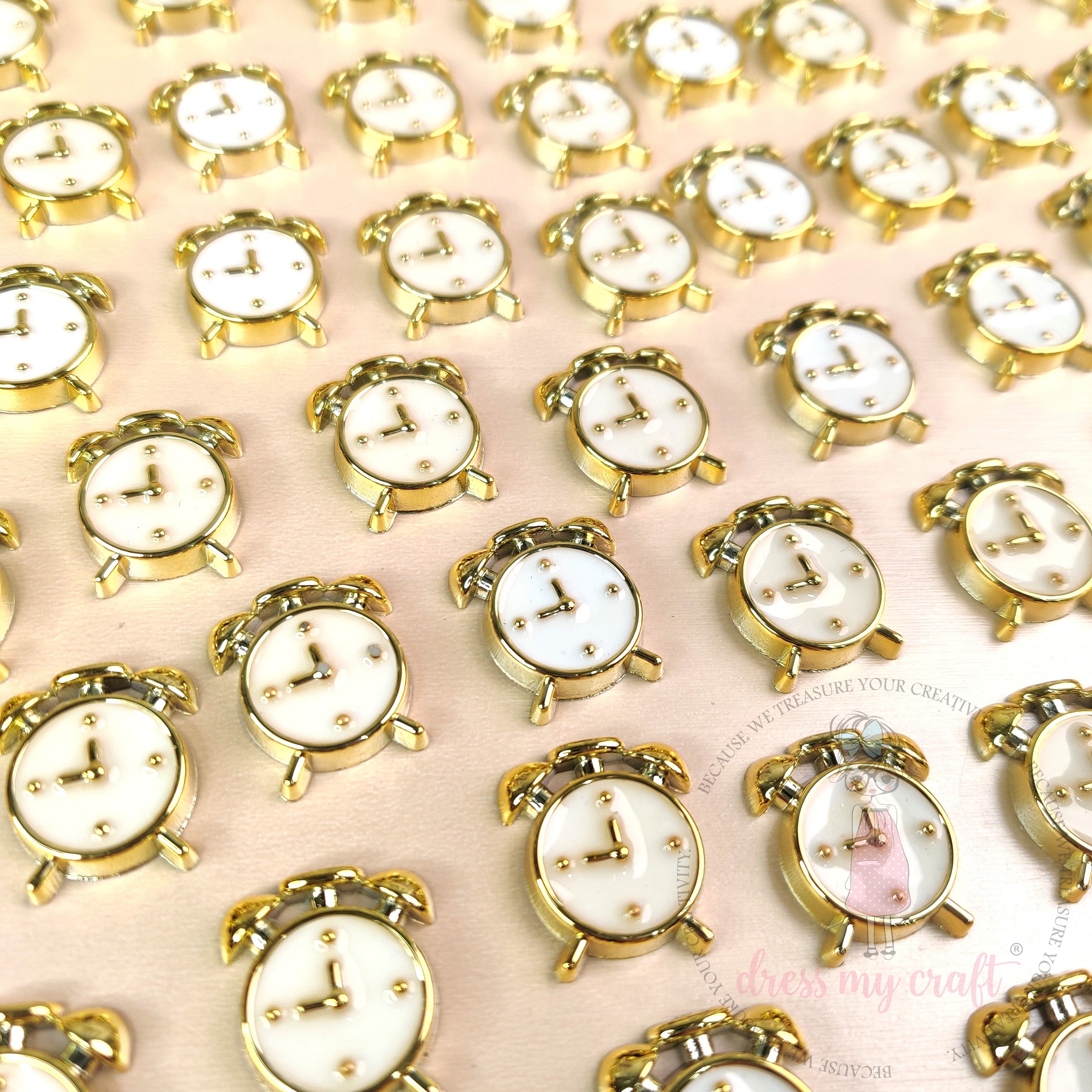 Vintage Alarm Clock Flat Back Charms – White & Gold