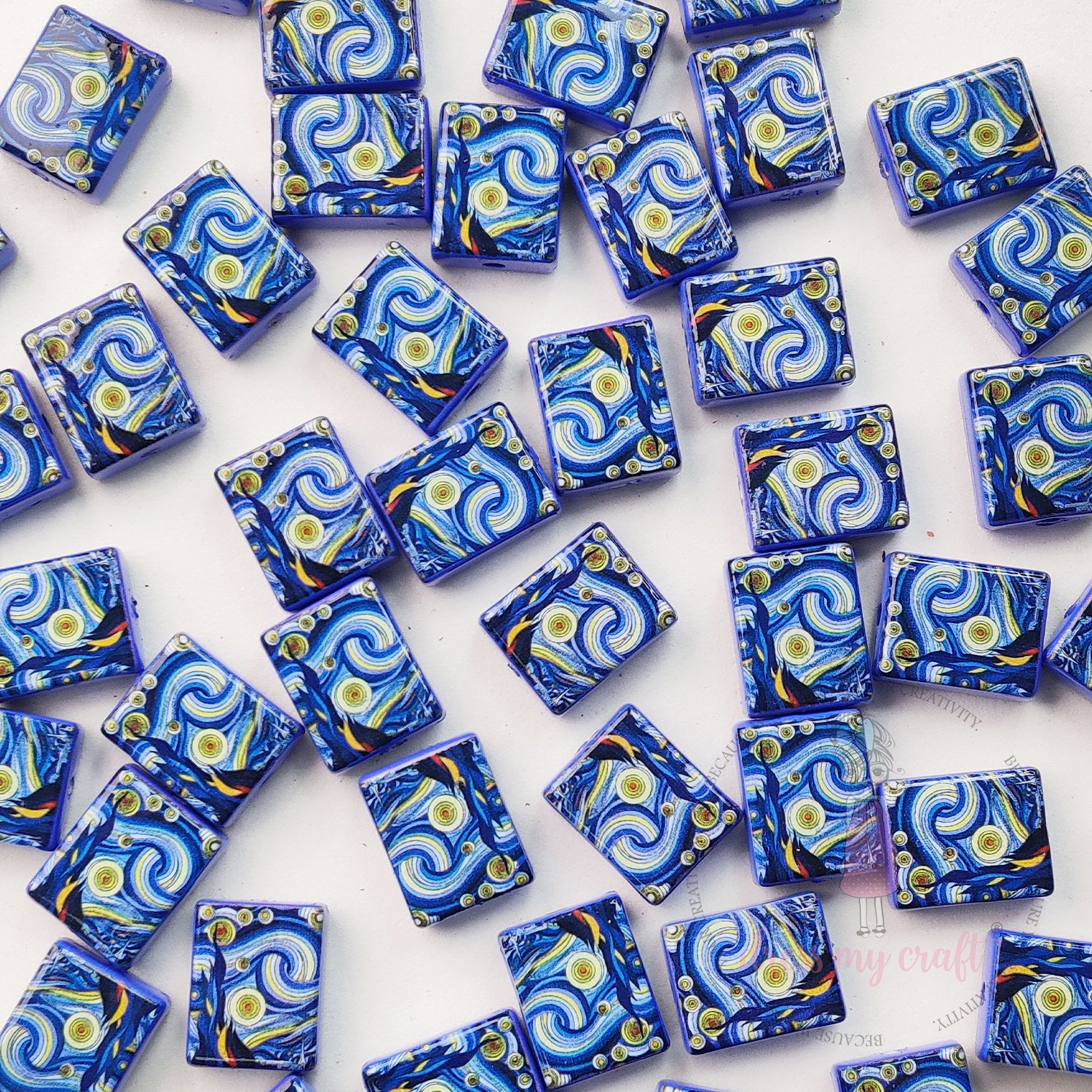 Painting On Tiles Beads Blue - 6 Pcs