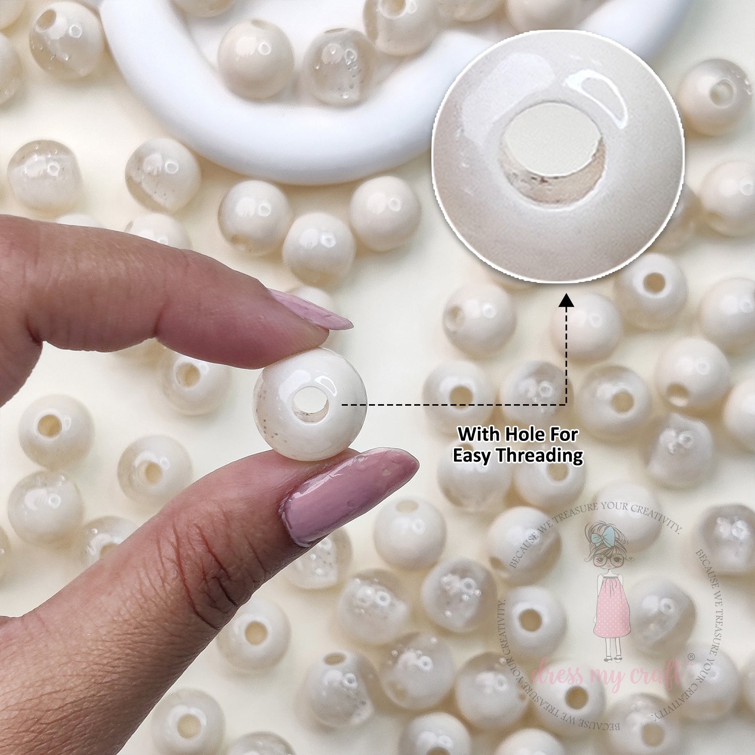 Marble Glitter Ivory Beads - 10 Pcs
