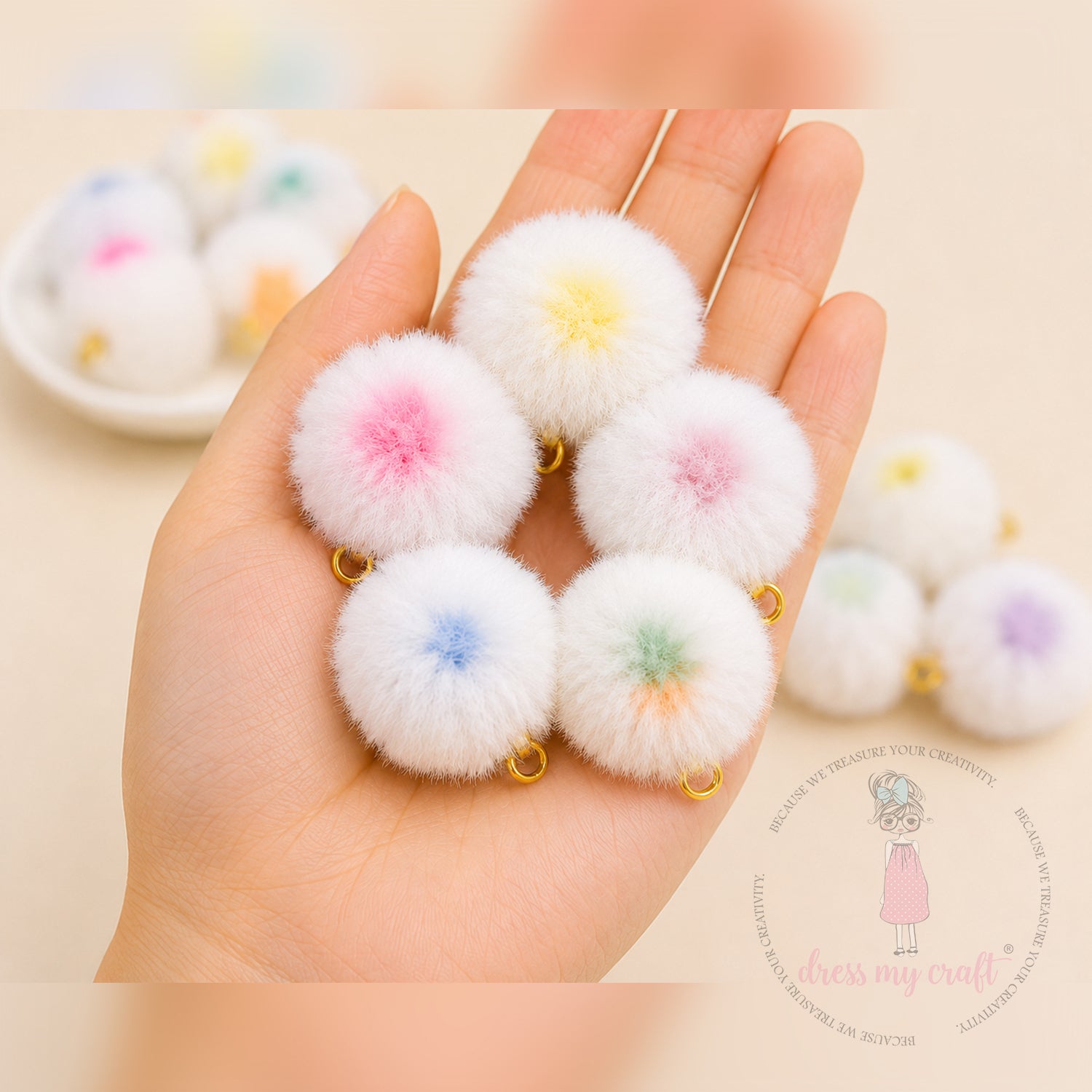 Mix White Pastel Pom Poms With Loop - Big