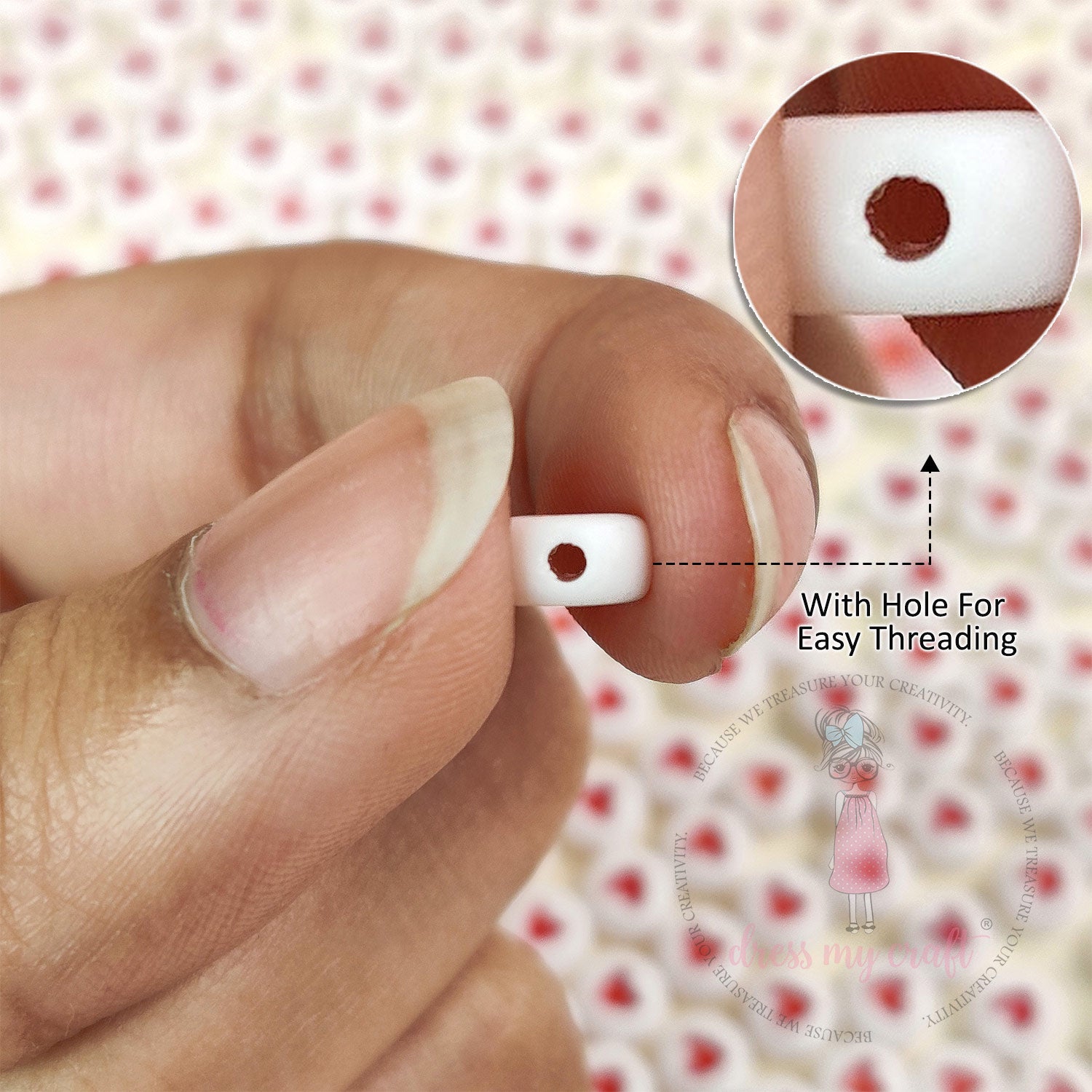 White Round Heart Beads