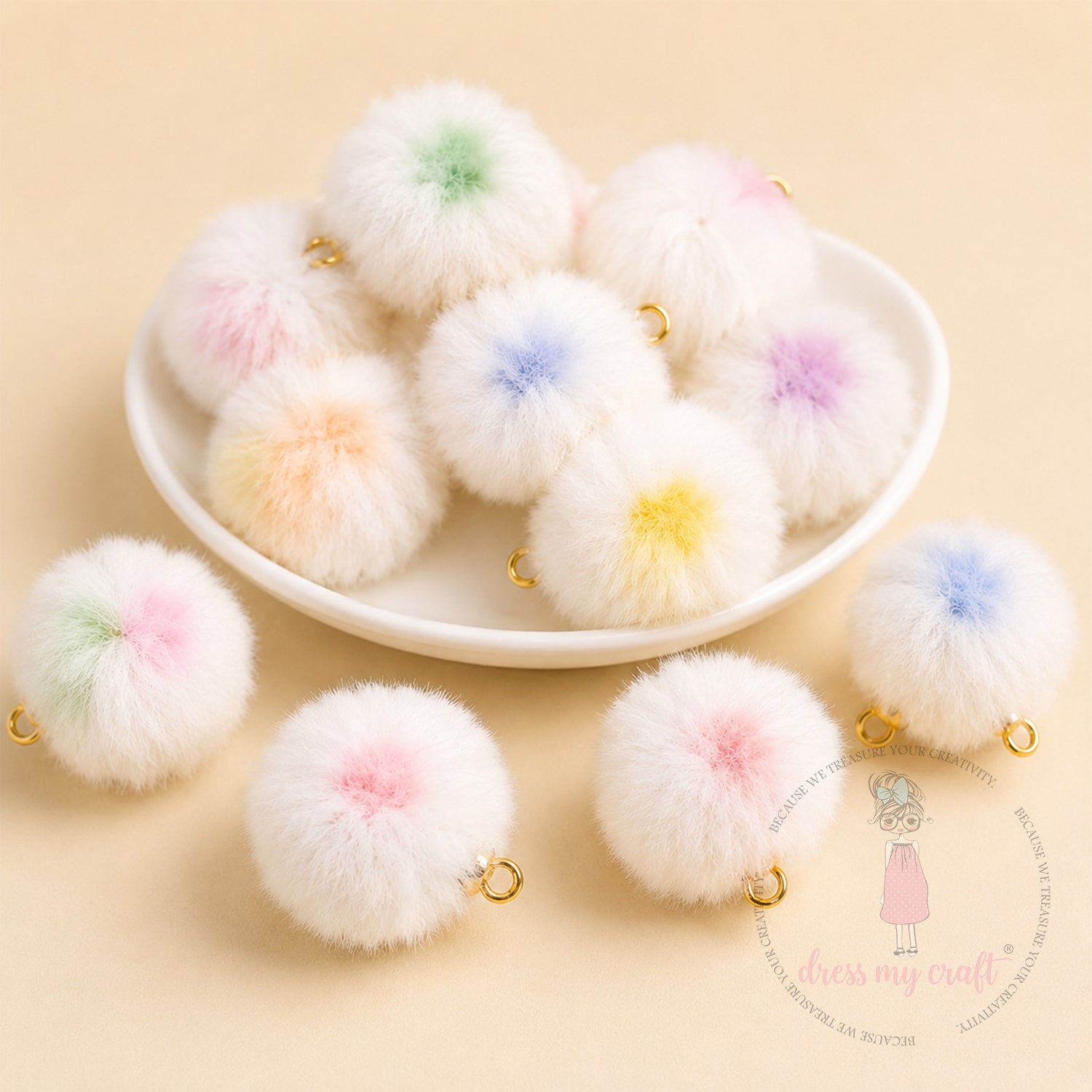 Mix White Pastel Pom Poms With Loop - Big