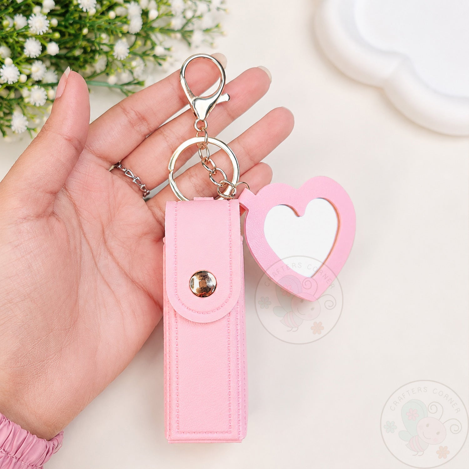 Leather Lipstick Case with Mirror - Baby Pink