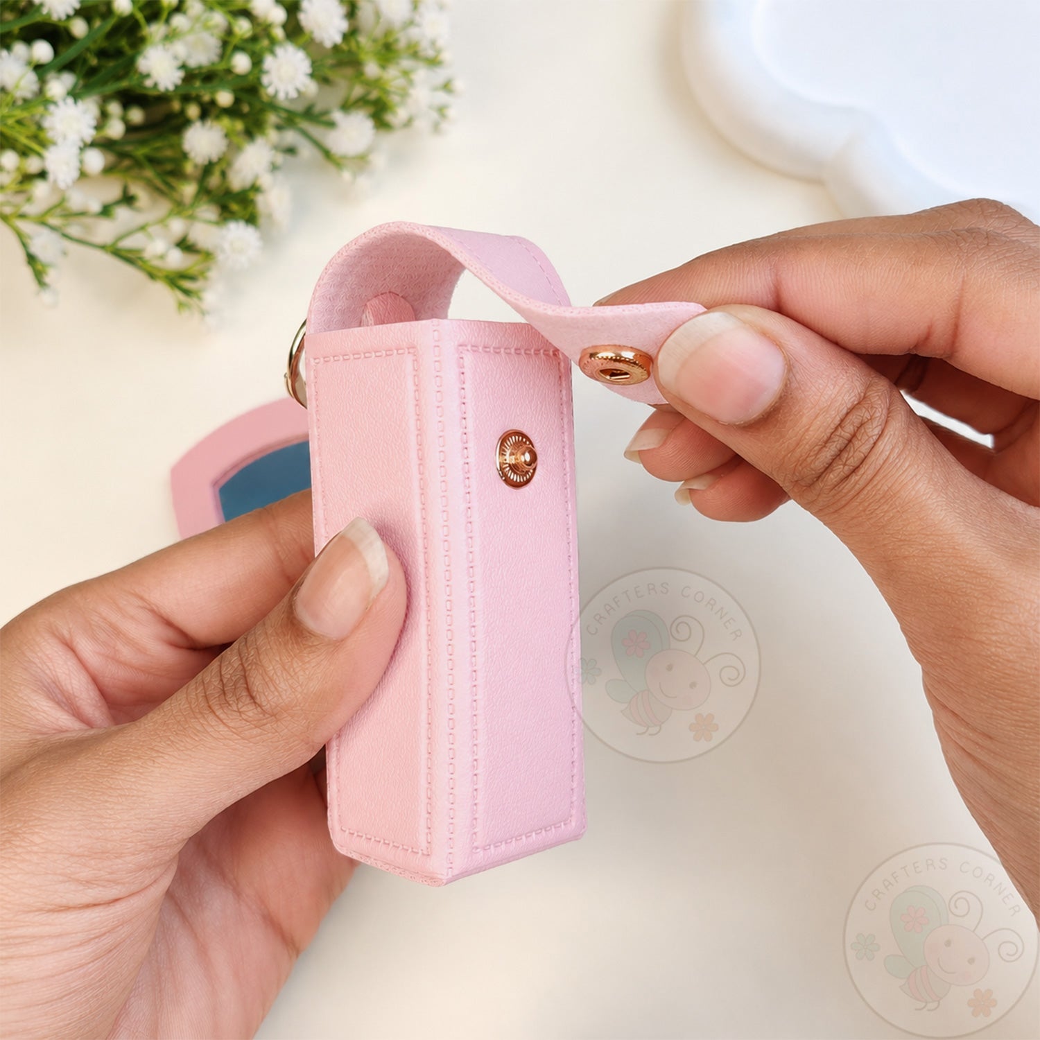 Leather Lipstick Case with Mirror - Baby Pink