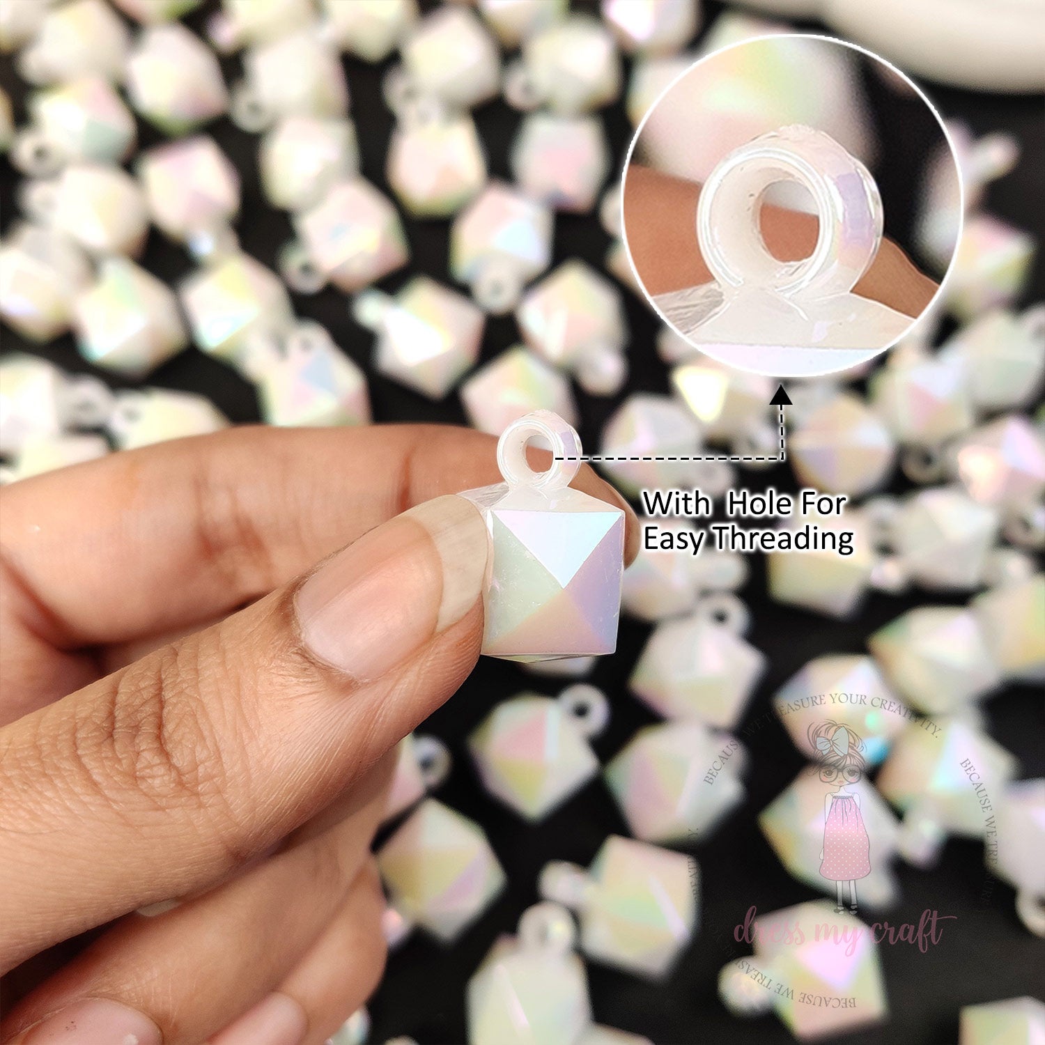Pearl White Holographic Diamond Beads with Loop