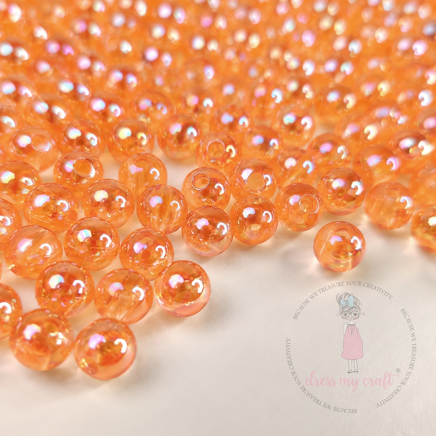 Transparent Rainbow Beads Orange - 6 MM, 50 Gms