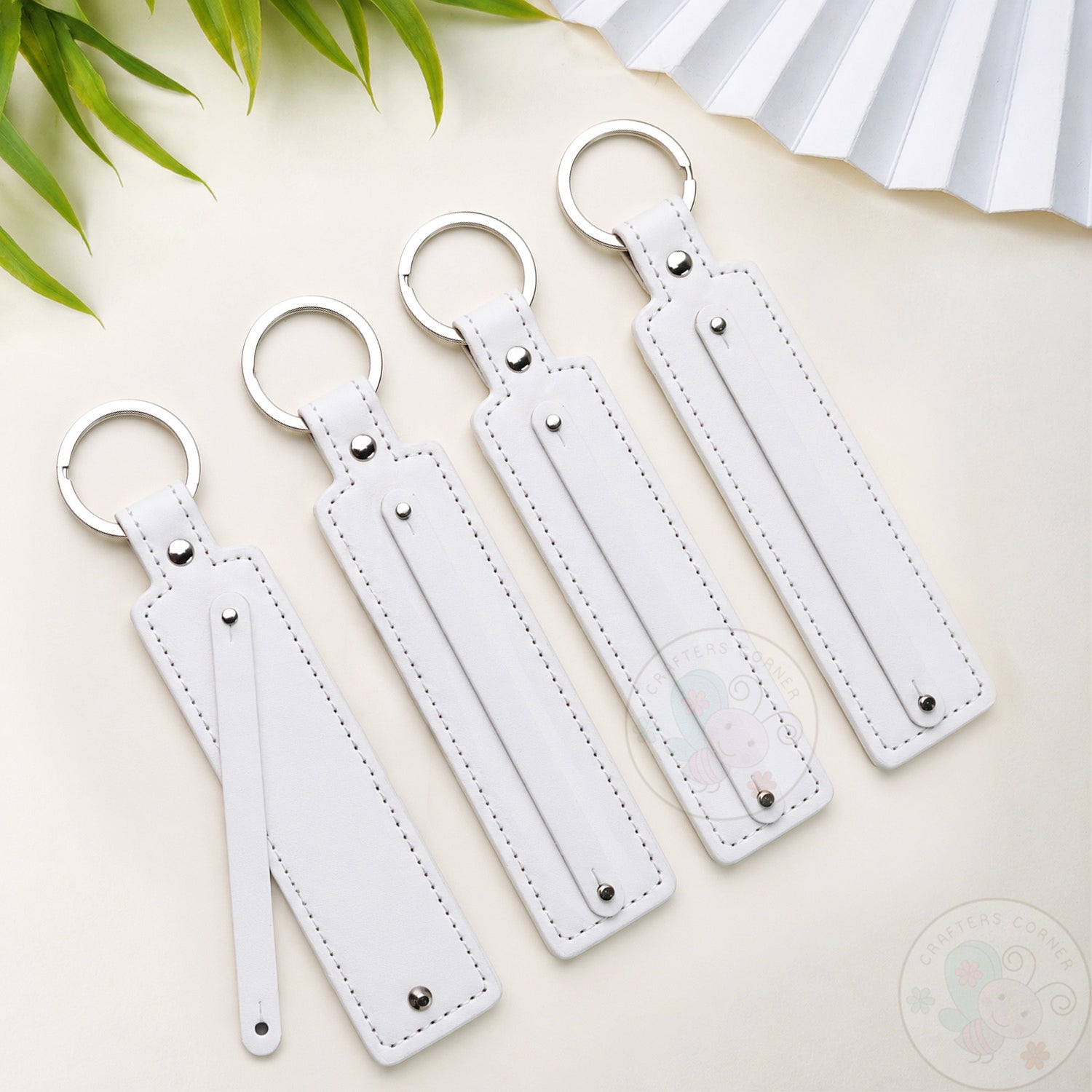 Leather Strap Key-chain - White, 4 Pcs