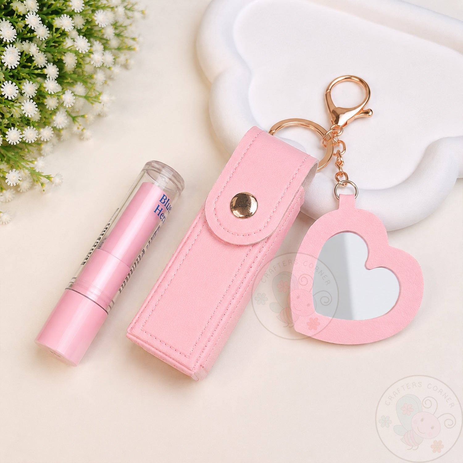 Leather Lipstick Case with Mirror - Baby Pink