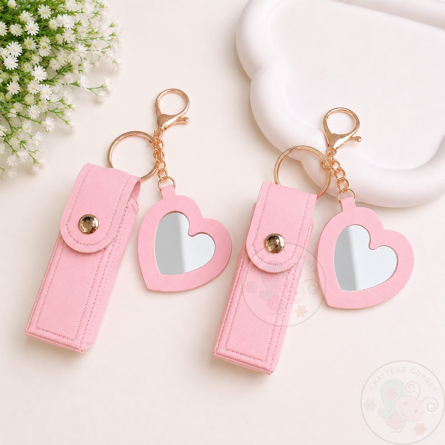 Leather Lipstick Case with Mirror - Baby Pink