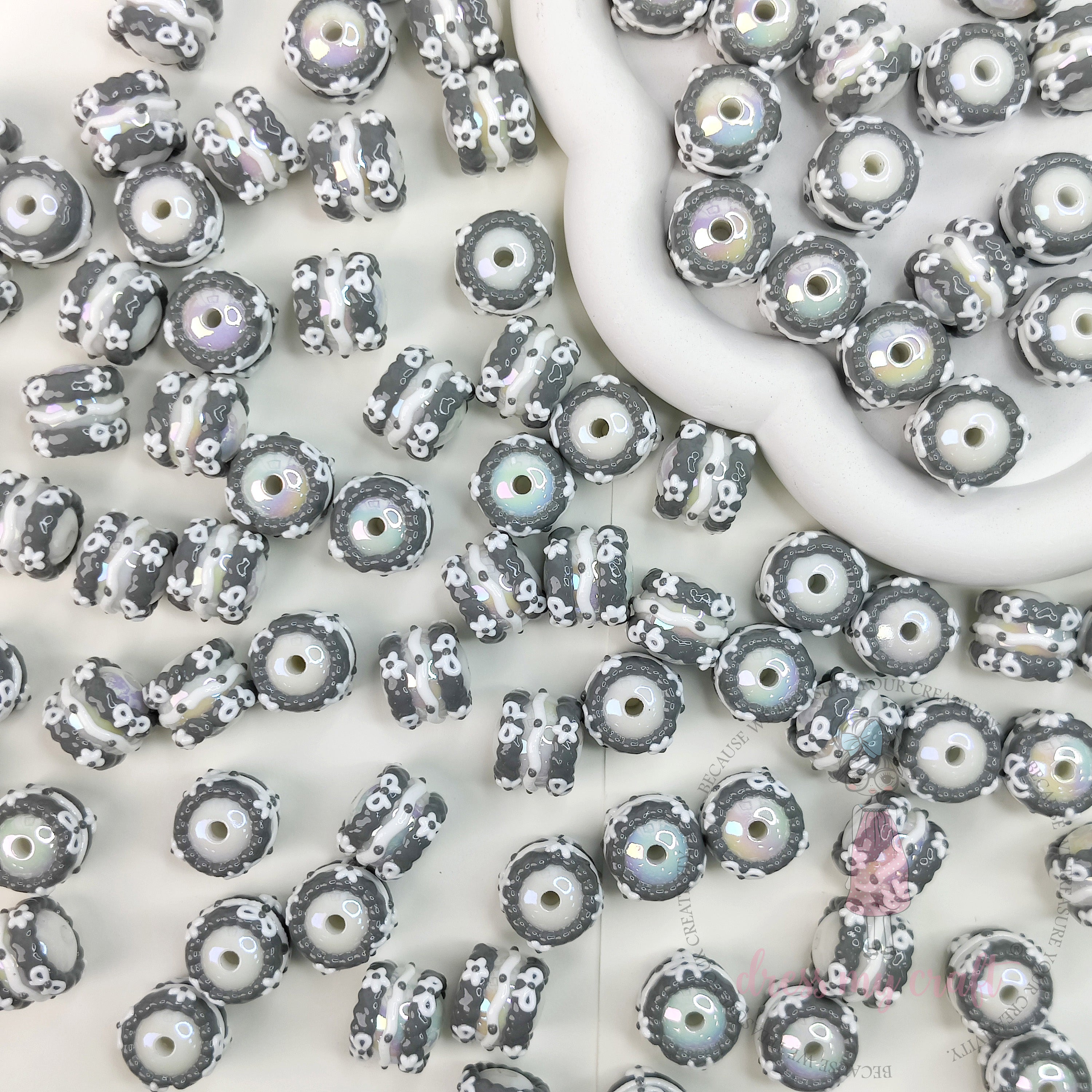 Hand Painted Beads Greyish - 6 Pcs