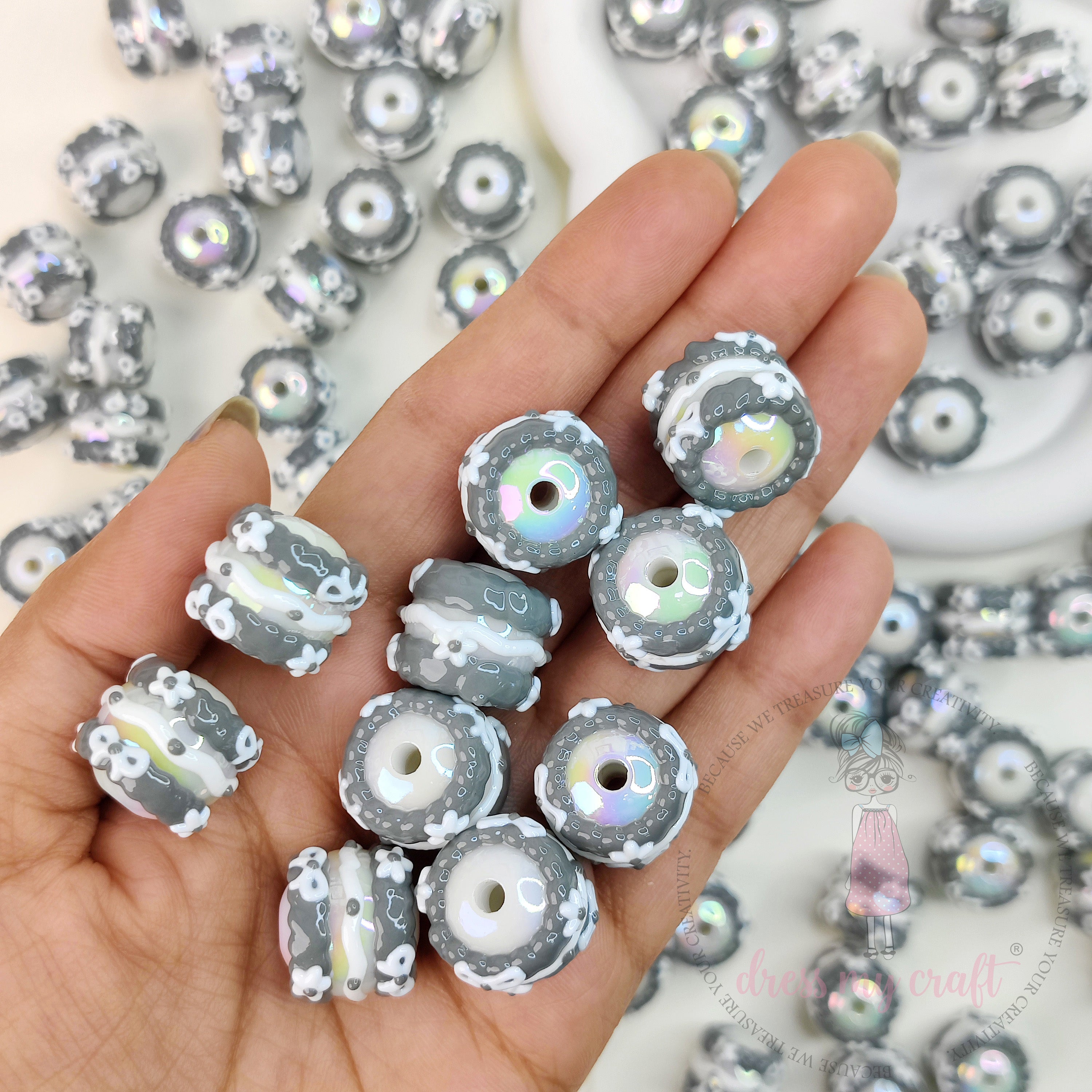 Hand Painted Beads Greyish - 6 Pcs