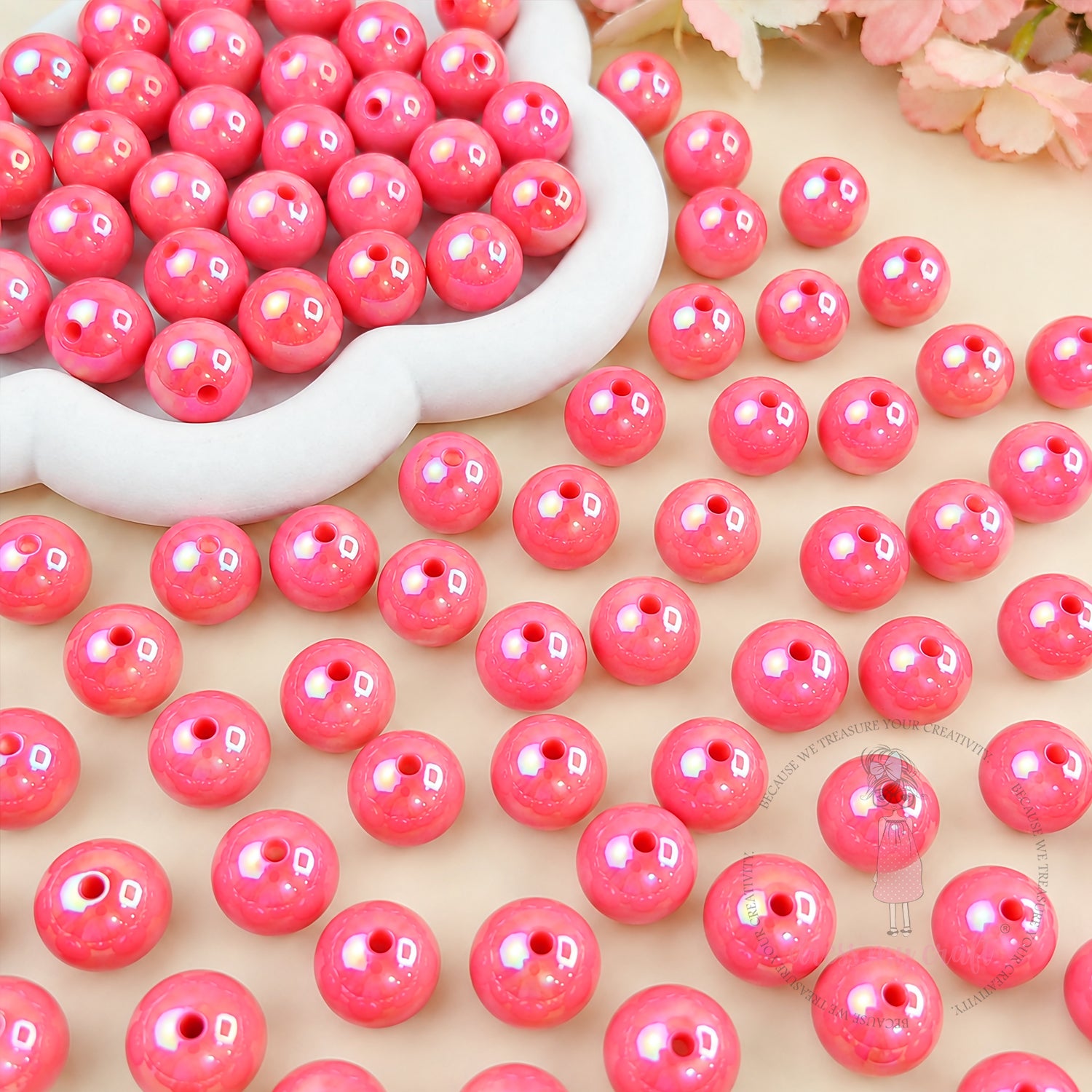Holographic Premium Acrylic Beads - Iridescent Coral Pink, 20 Pcs