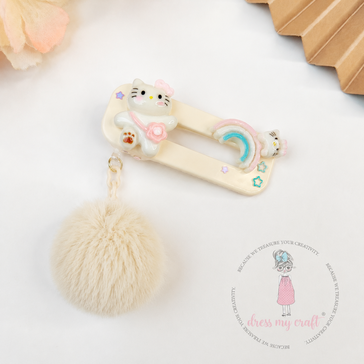 Light Beige Pastel Pom Poms With Loop - Medium