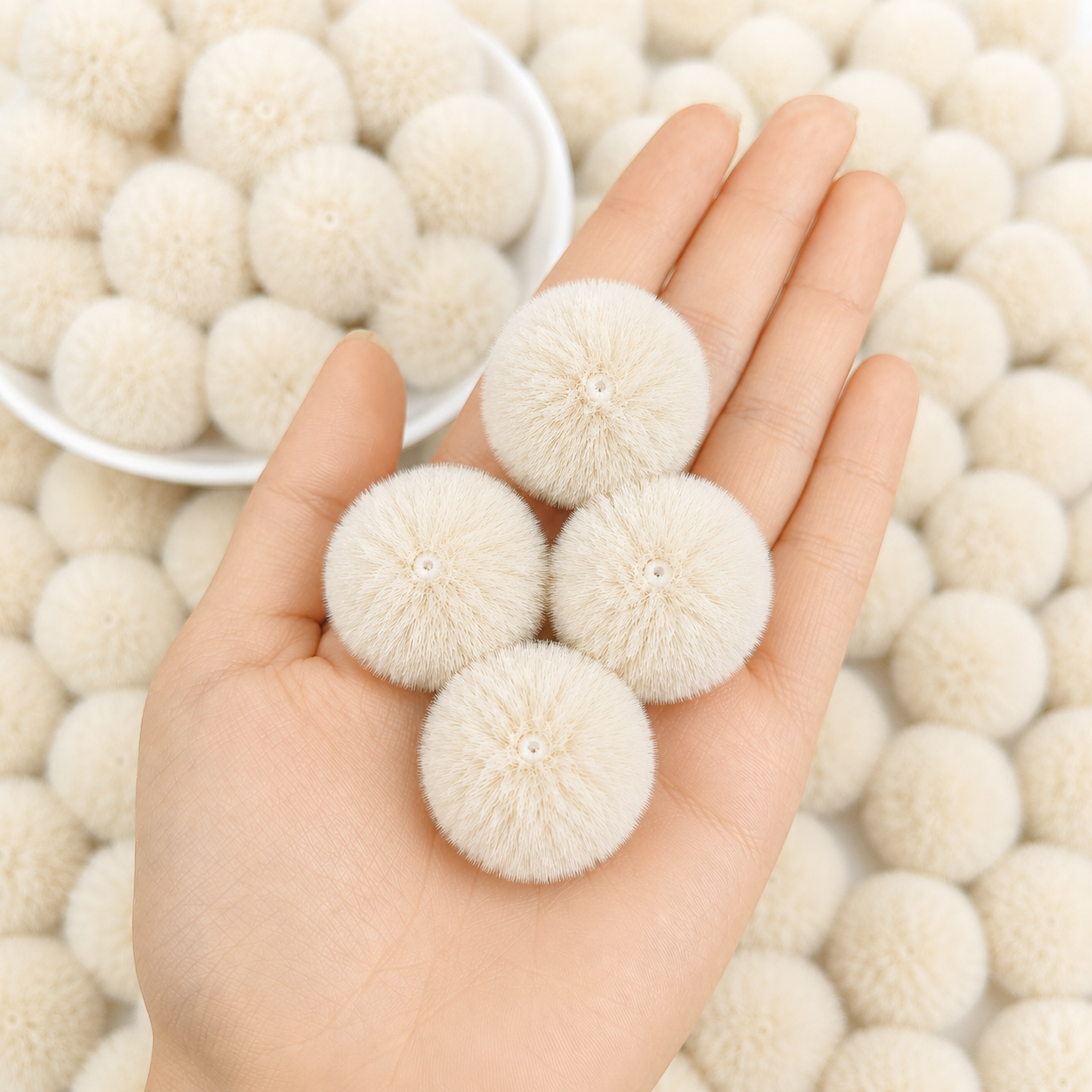 Light Beige Pastel Pom Poms With Loop - Medium