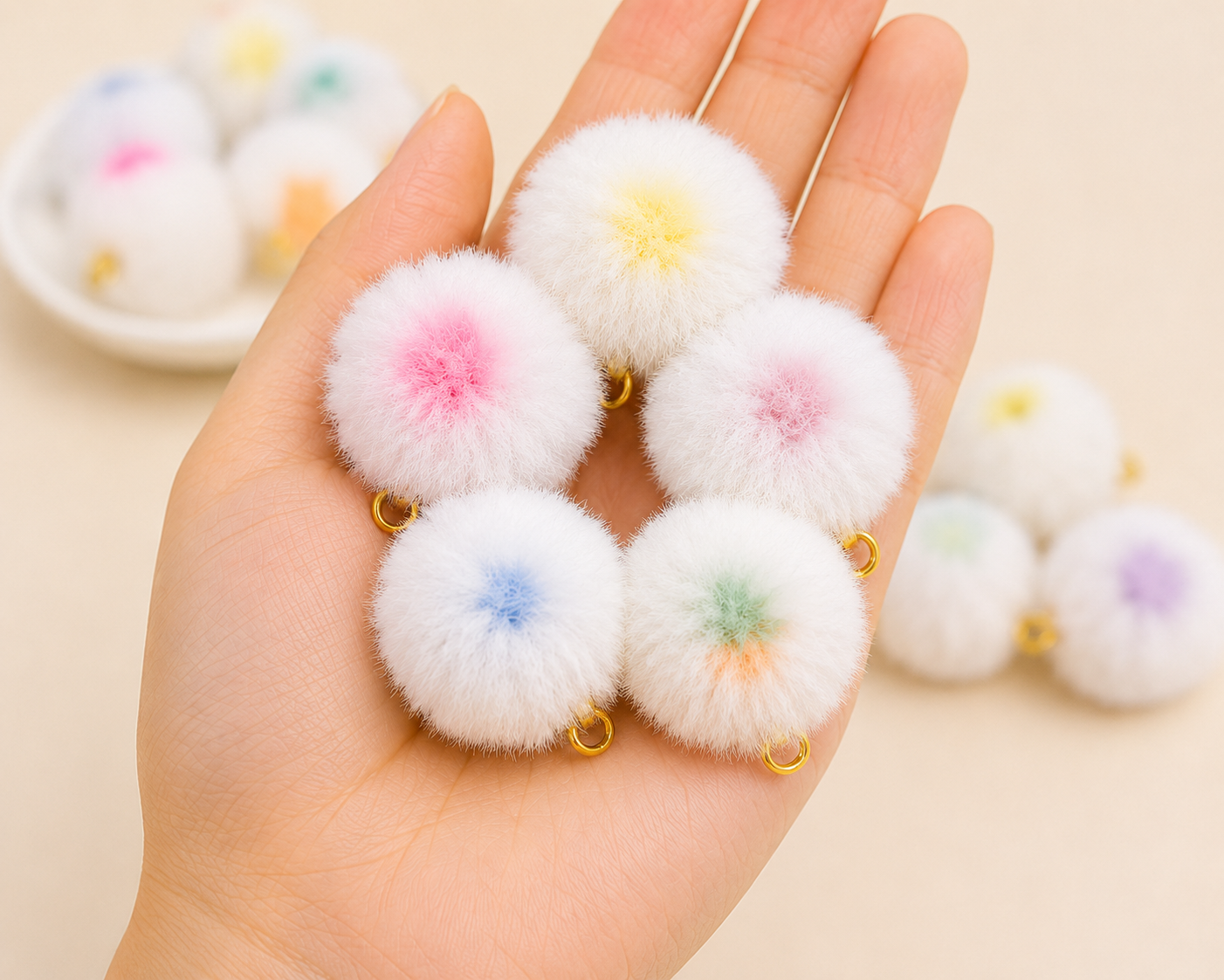 Mix White Pastel Pom Poms With Loop - Big