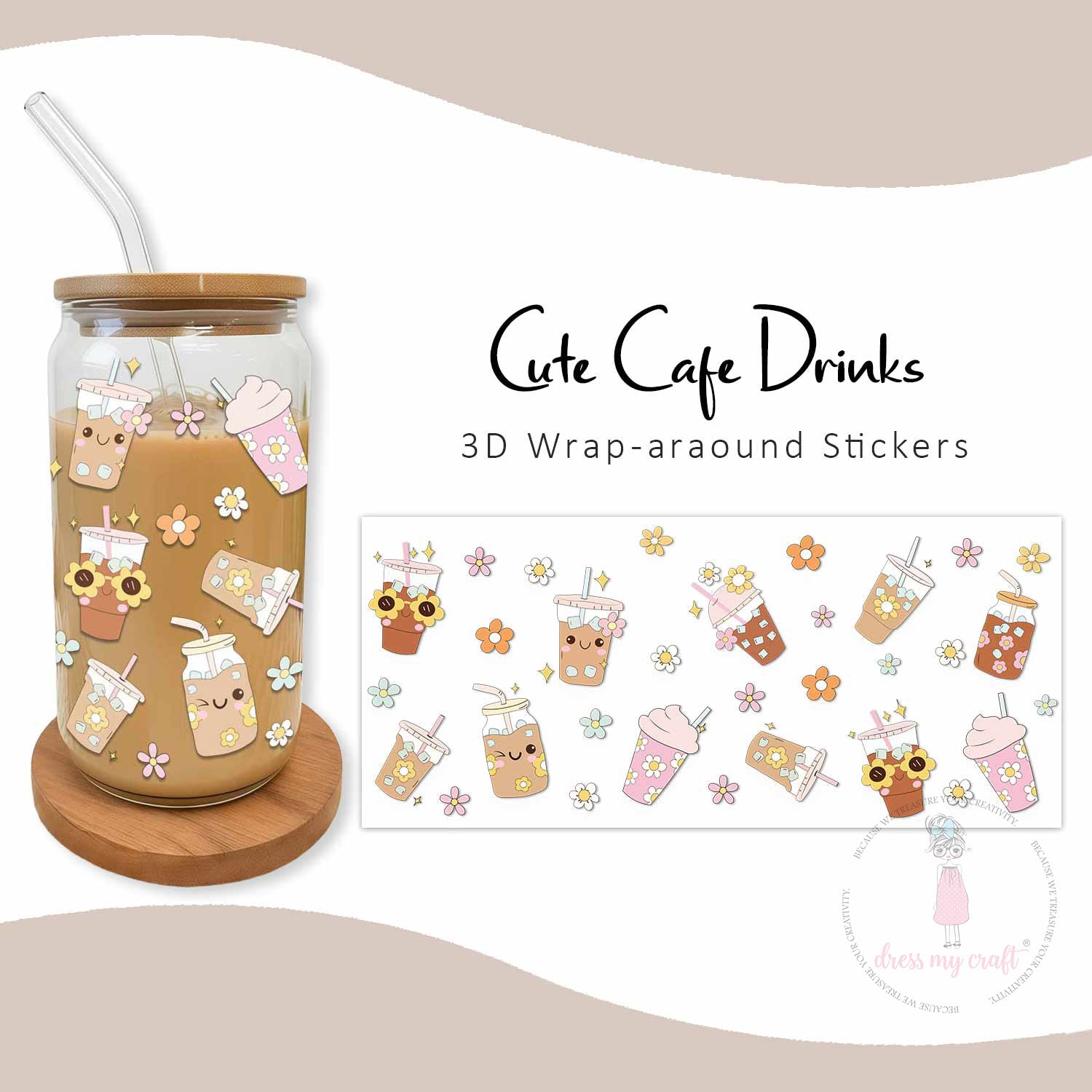 Cute Cafe Drinks 3D Wrap-Around Sticker