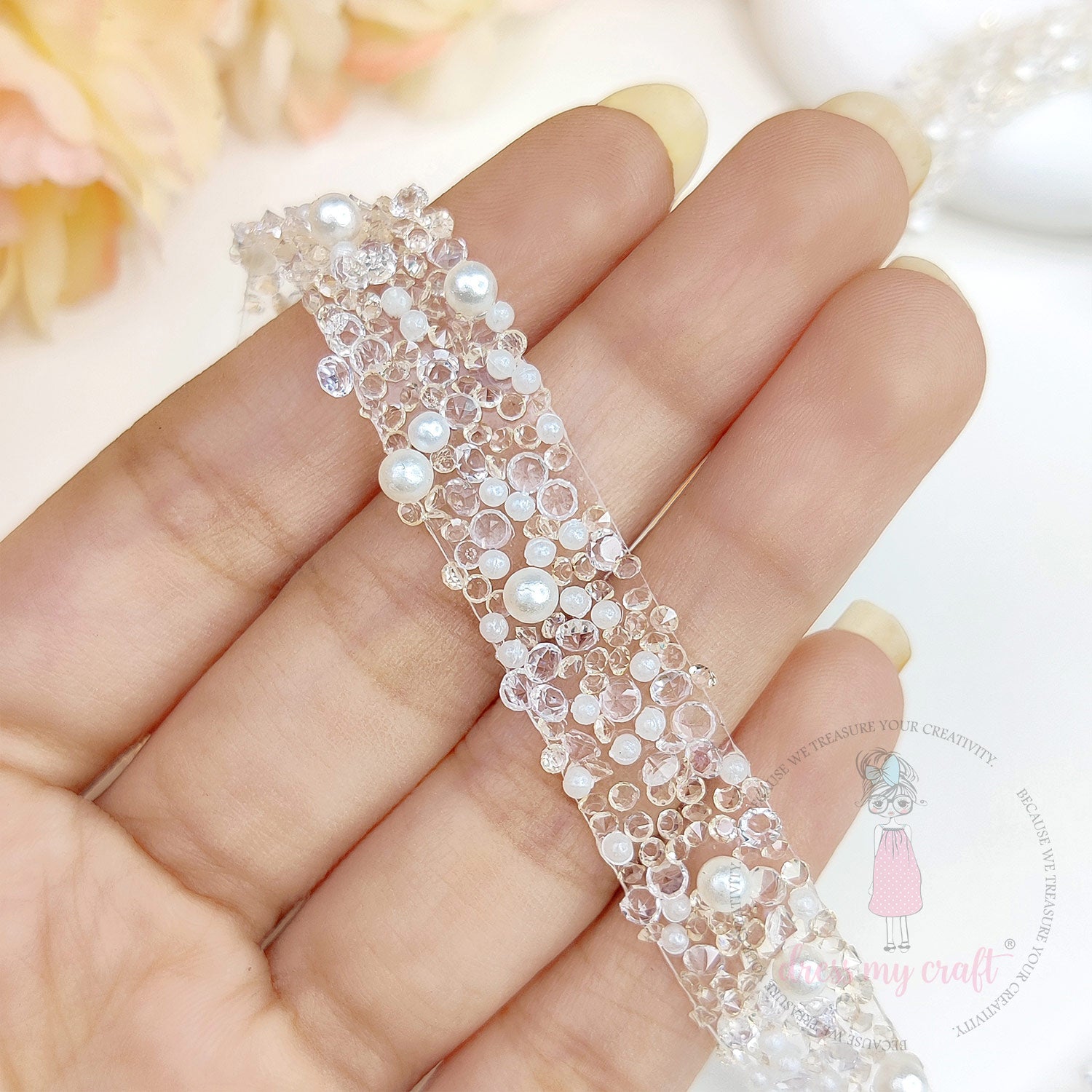 Crystals & Pearls Self Adhesive Tape - Ivory